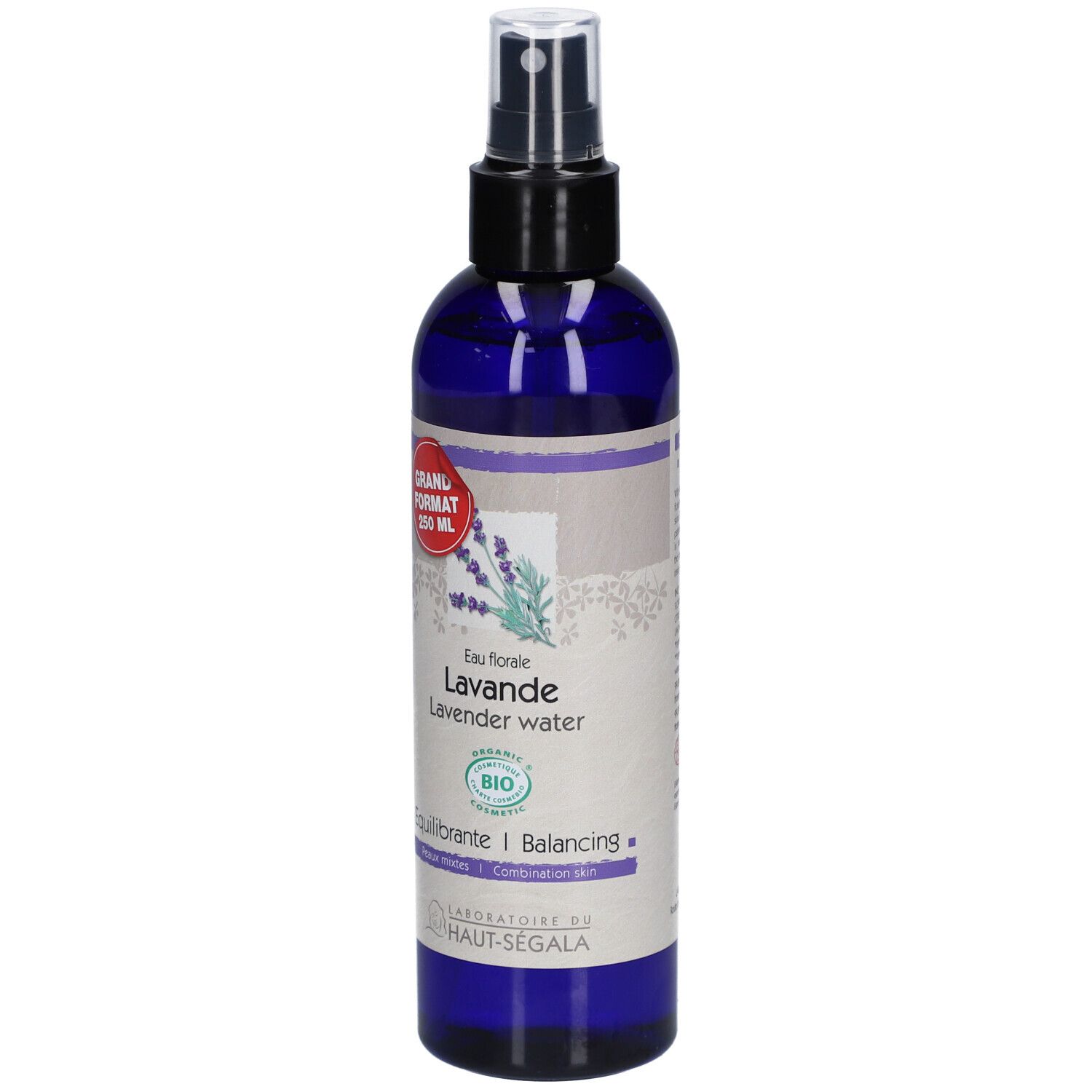 Flacon pulvérisateur bleu avec étiquette lavande. Inscription: Eau florale de lavande. Certification bio. Grand format 250 ml.