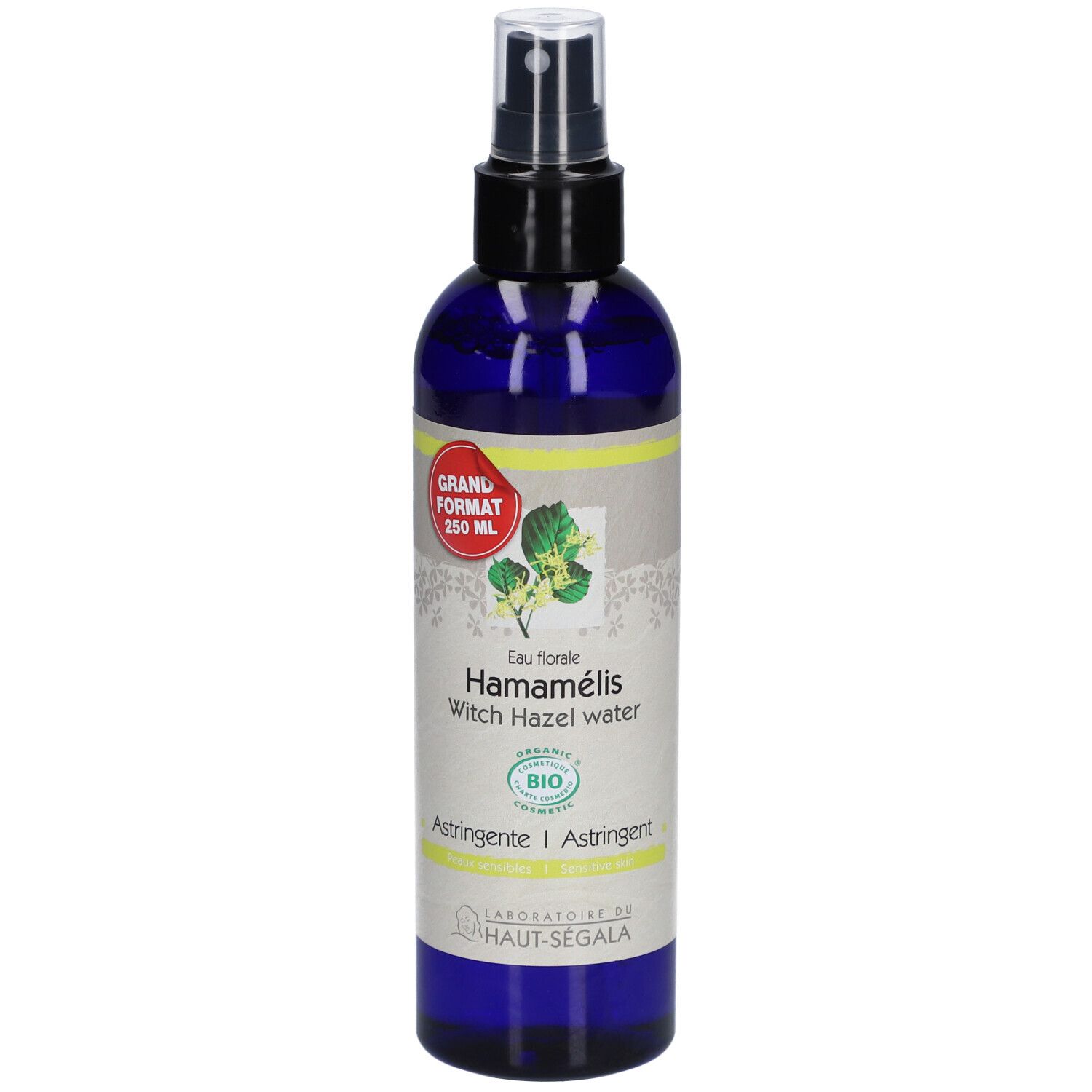 Blauwe fles met verstuiver. Opschrift: Hamamélis Witch Hazel water. Bio-certificering. Label: 250 ml.