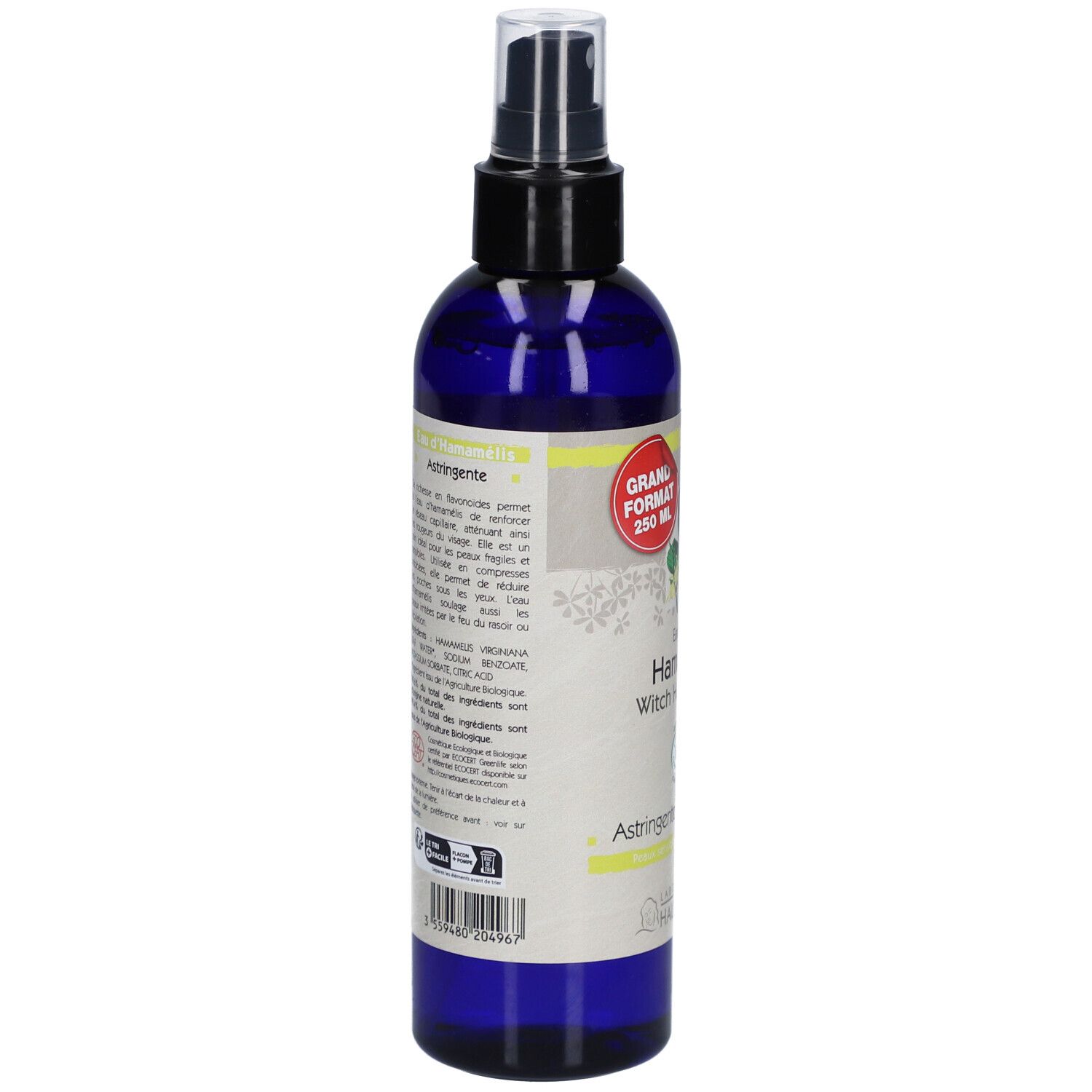 Blauwe fles met verstuiver. Achterkant met tekst en ingrediënten. Bio-certificering. Barcode.