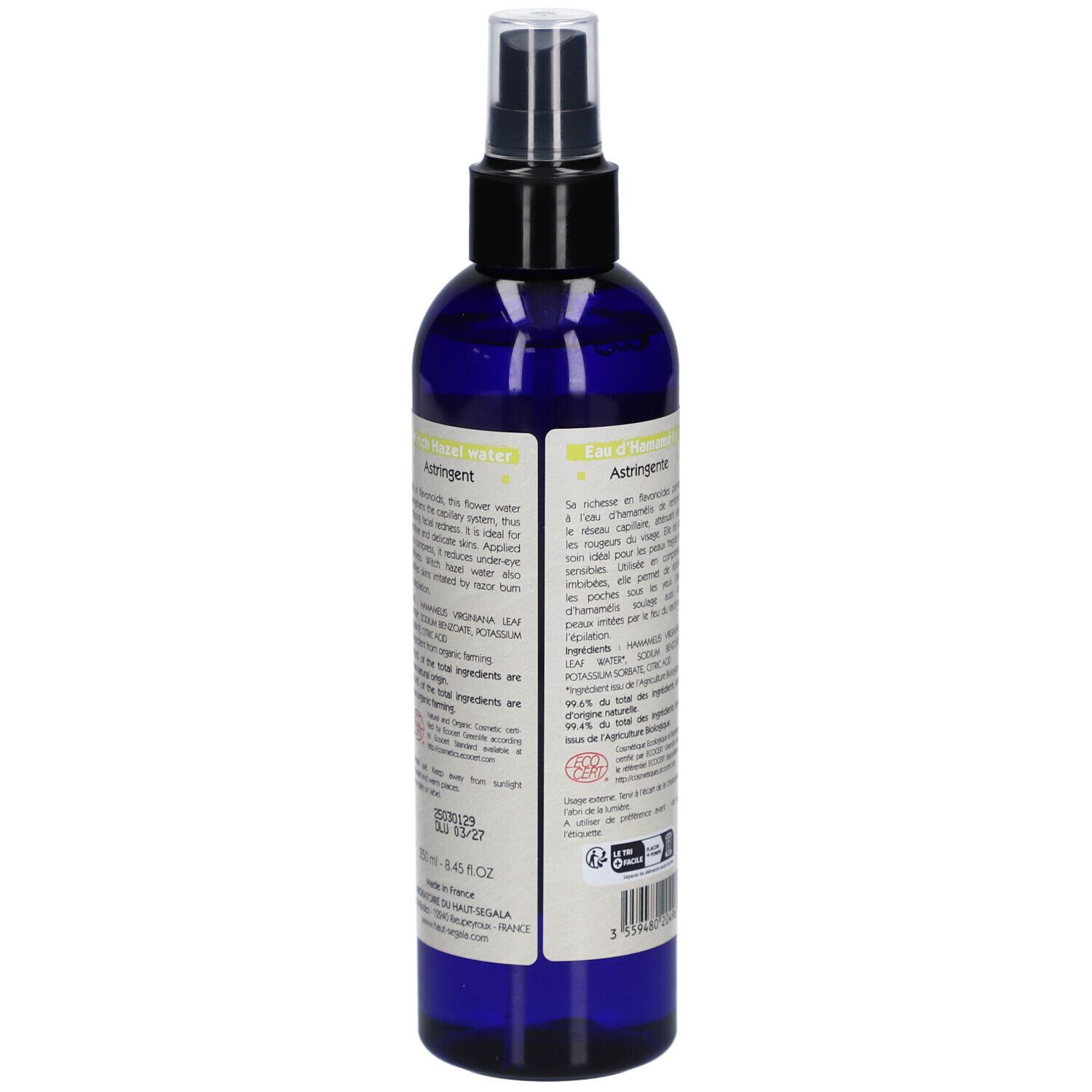 Blauwe fles met verstuiver. Achterkant met tekst en ingrediënten. Bio-certificering. Barcode.