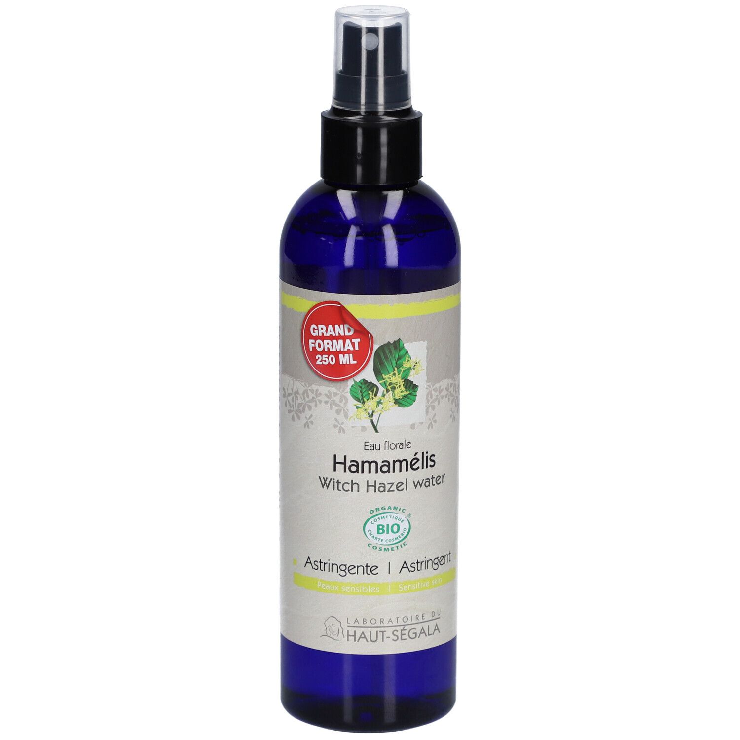 Blauwe fles met verstuiver. Opschrift: Hamamélis Witch Hazel water. Bio-certificering. Label: 250 ml.