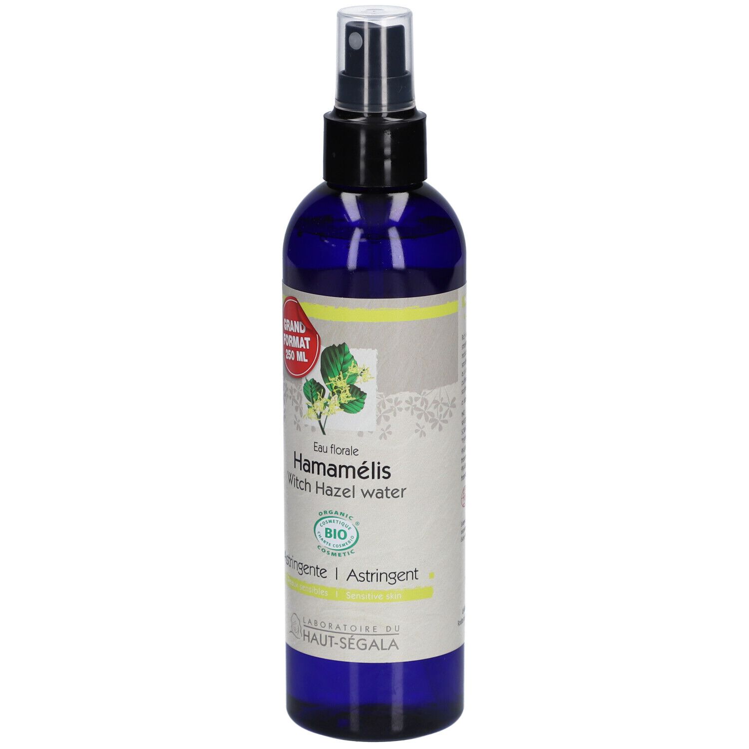 Blauwe fles met verstuiver. Opschrift: Hamamélis Witch Hazel water. Bio-certificering. Label: 250 ml.