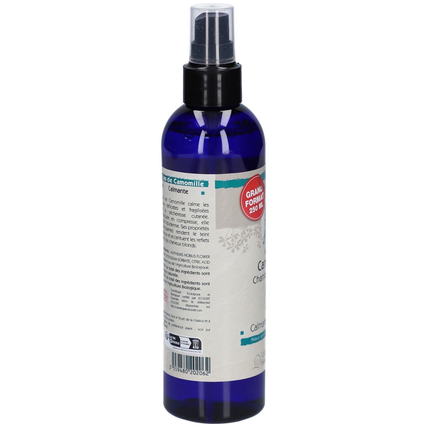 Dos du flacon spray d'eau florale. Flacon bleu, tête noire. Texte et étiquettes. 250 ml. Laboratoire du Haut-Segala.