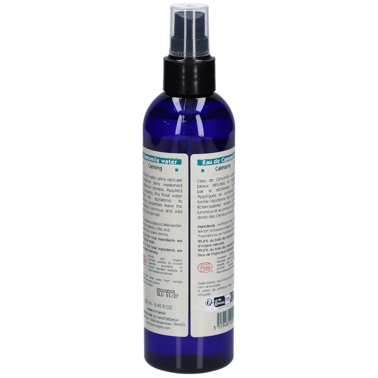 Dos du flacon spray d'eau florale. Flacon bleu, tête noire. Texte et étiquettes. 250 ml. Laboratoire du Haut-Segala.