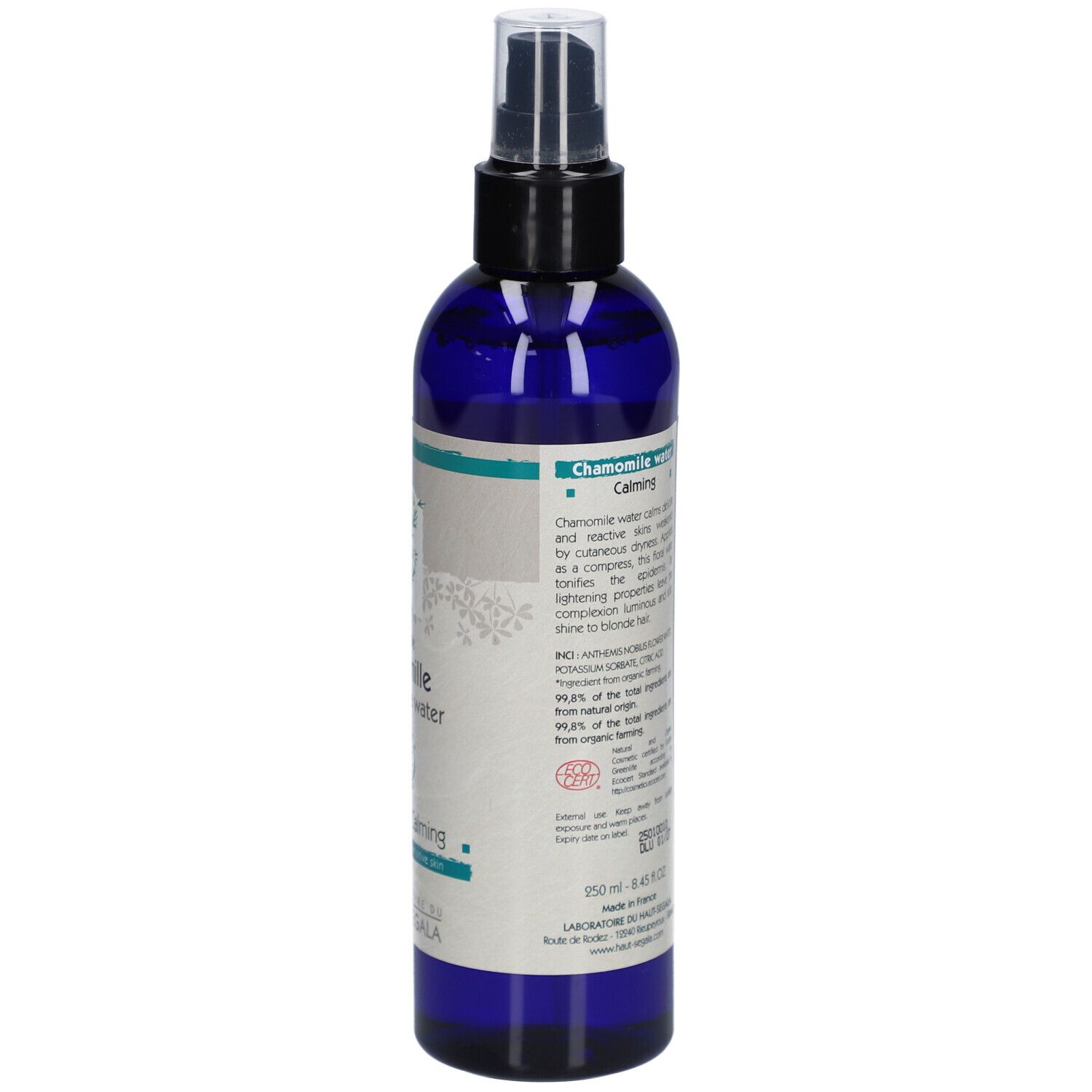 Dos du flacon spray d'eau florale. Flacon bleu, tête noire. Texte et étiquettes. 250 ml. Laboratoire du Haut-Segala.