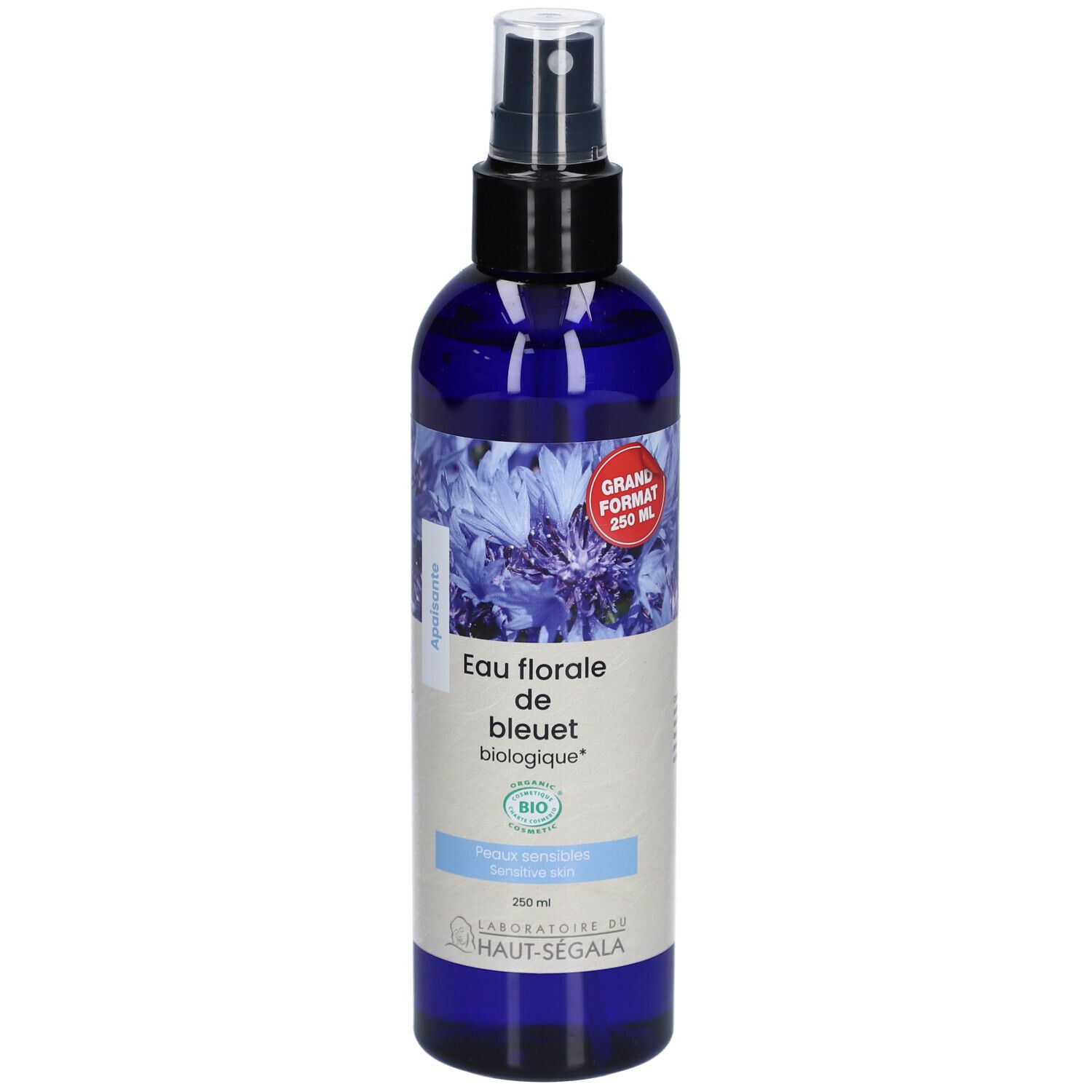 Flacon pulvérisateur bleu-violet. Inscription: Eau florale de bleuet biologique. Certification bio. Grand format. Laboratoire du Haut-Ségala.