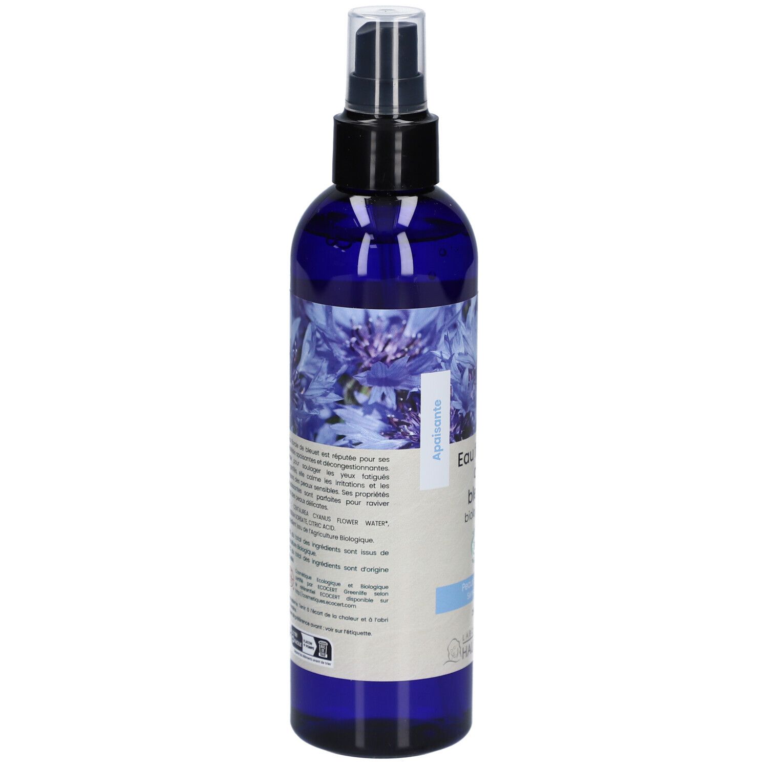 Flacon pulvérisateur bleu-violet. Dos avec texte. Certification bio. Laboratoire du Haut-Ségala. Texte en français.
