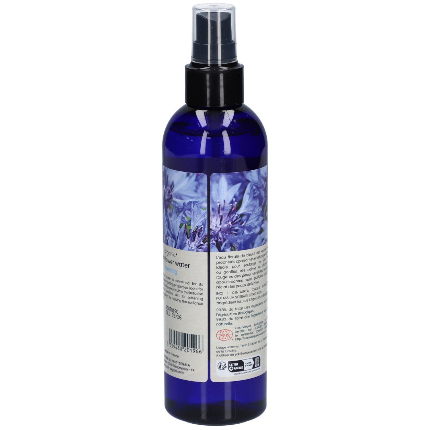 Flacon pulvérisateur bleu-violet. Dos avec texte. Certification bio. Laboratoire du Haut-Ségala. Texte en anglais.