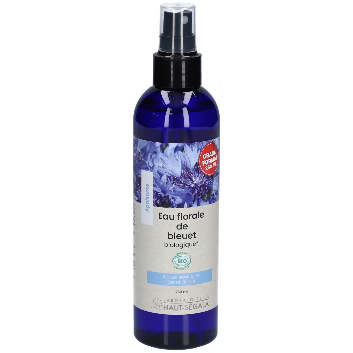 Flacon pulvérisateur bleu-violet. Inscription: Eau florale de bleuet biologique. Certification bio. Grand format. Laboratoire du Haut-Ségala.