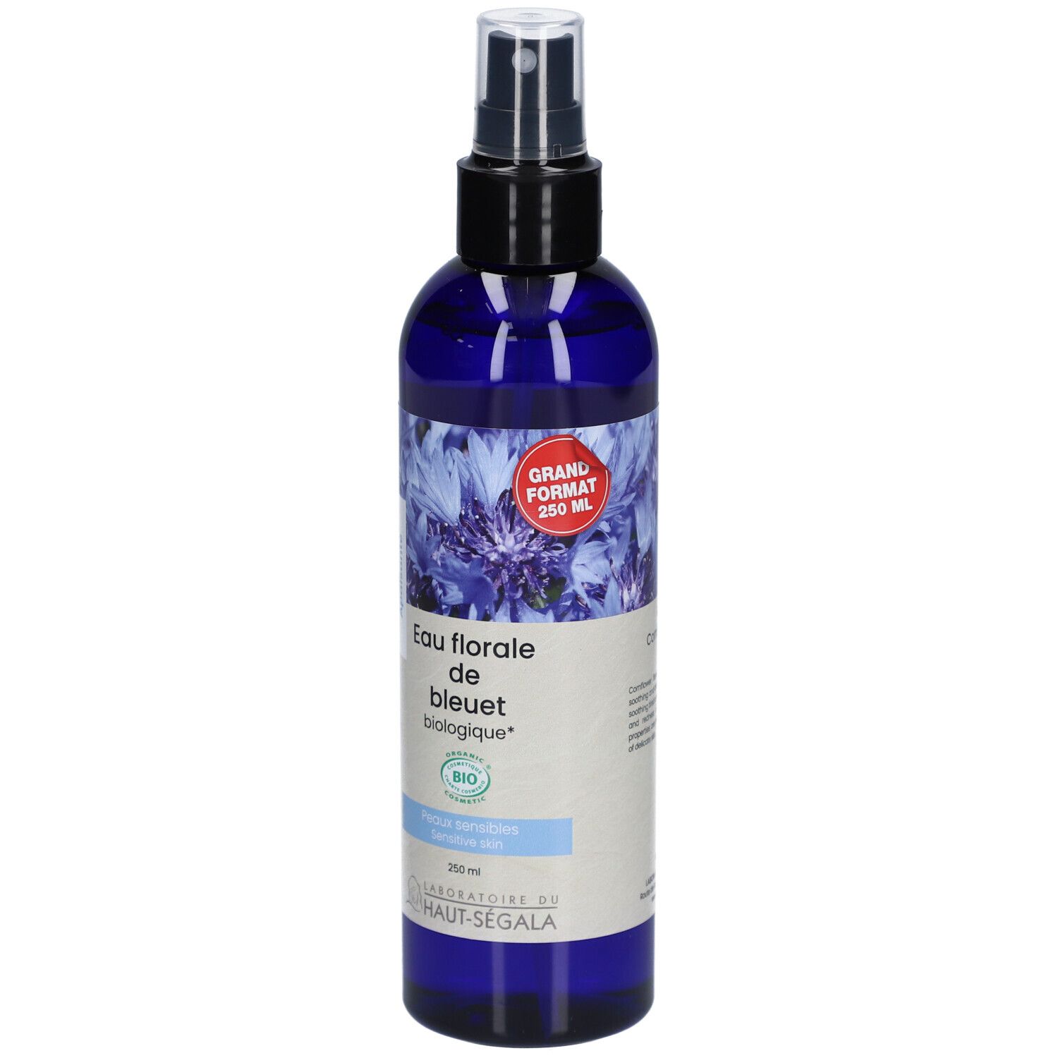 Flacon pulvérisateur bleu-violet. Inscription: Eau florale de bleuet biologique. Certification bio. Grand format. Laboratoire du Haut-Ségala.
