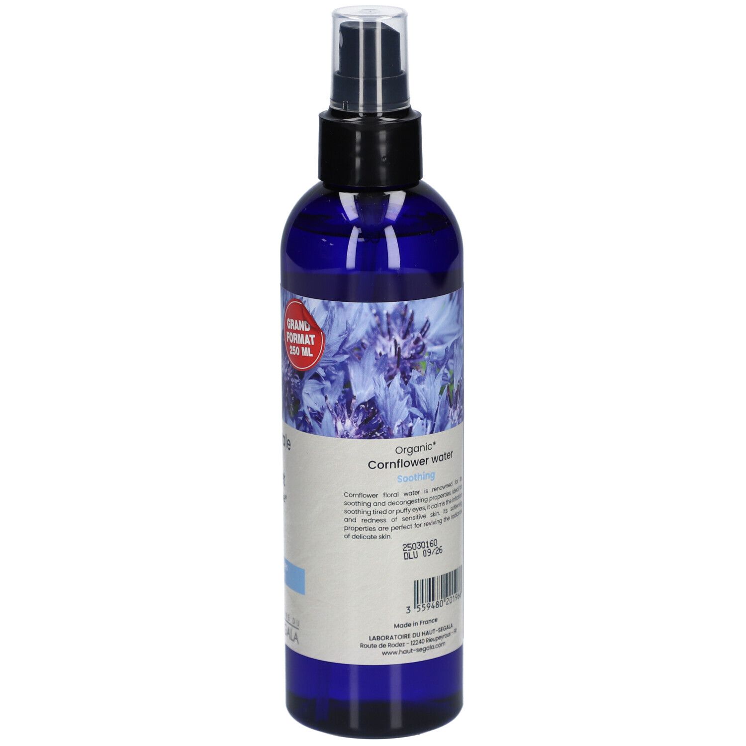 Flacon pulvérisateur bleu-violet. Dos avec texte. Certification bio. Laboratoire du Haut-Ségala. Texte en anglais.