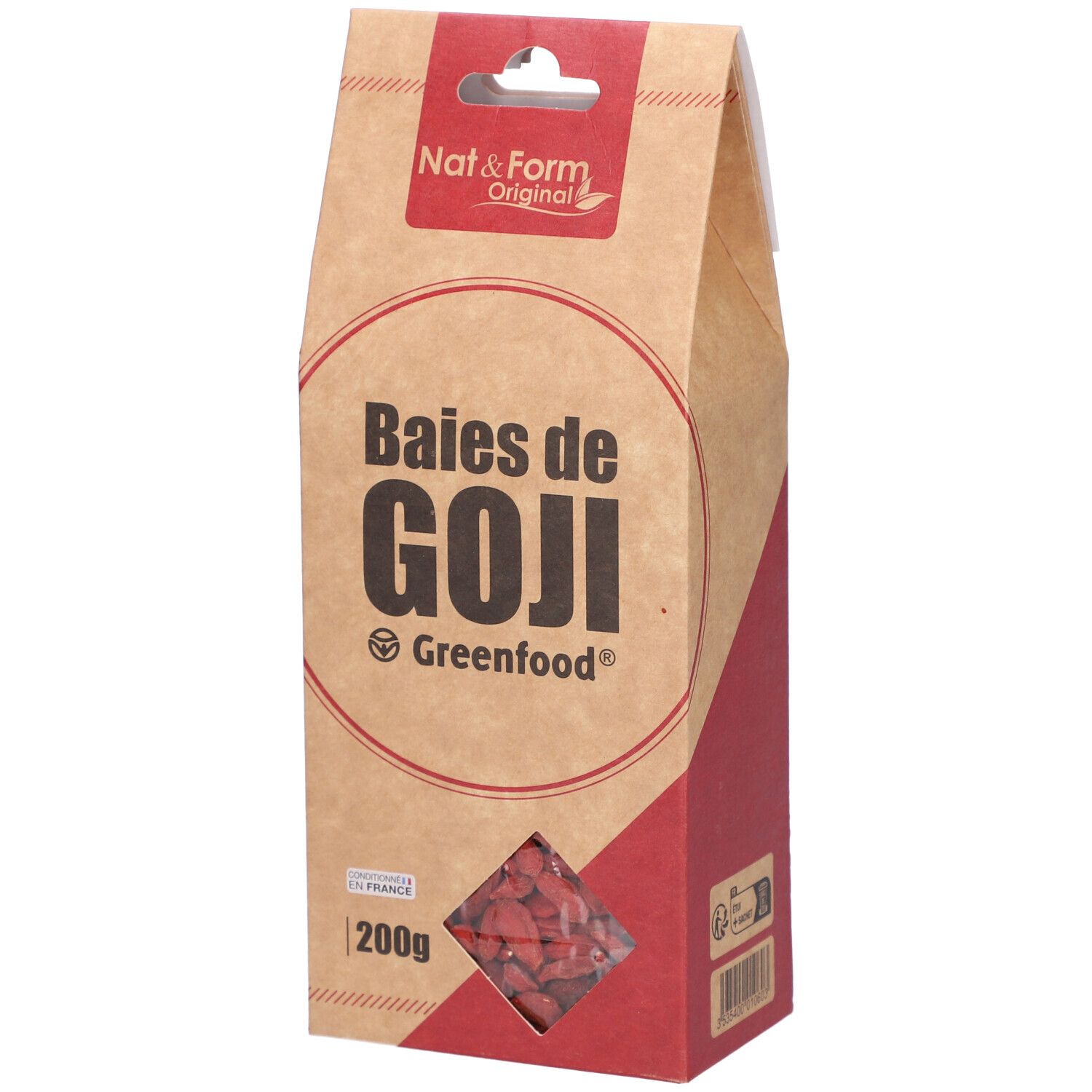 Sachet de Baies de Goji. Inscription : Nat & Form, Baies de Goji, Greenfood. Fenêtre avec baies rouges. 200g.