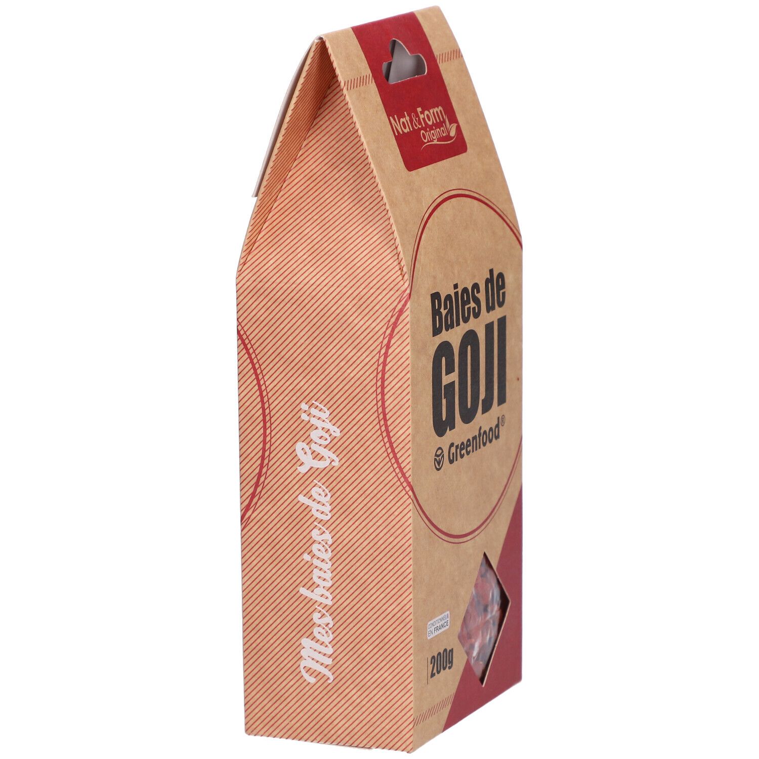 Vue latérale du sachet de Baies de Goji. Inscription : Baies de Goji. Fenêtre avec baies rouges. 200g.