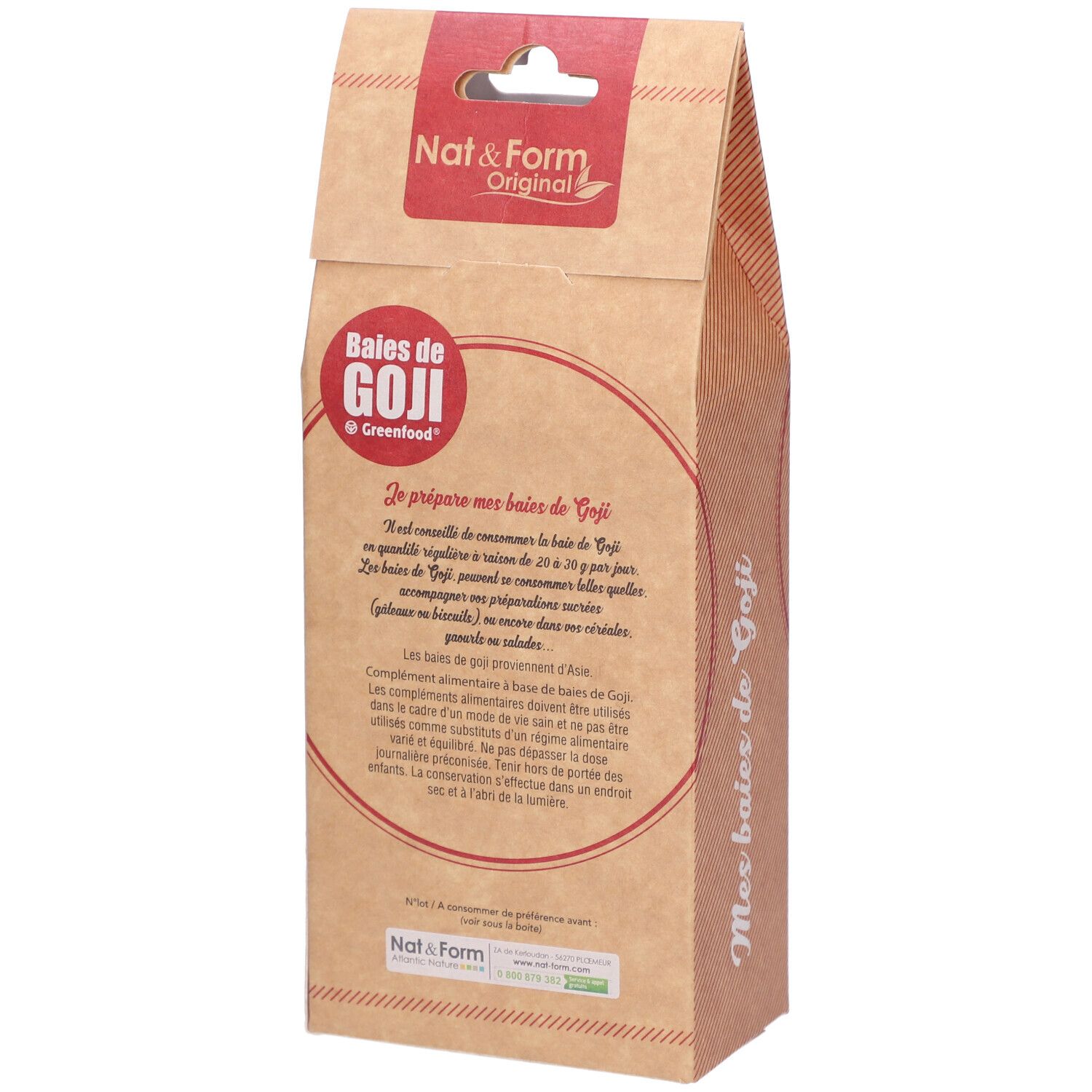 Dos du sachet de Baies de Goji. Texte et logo. Inscription : Baies de Goji. Texte sur l'utilisation.