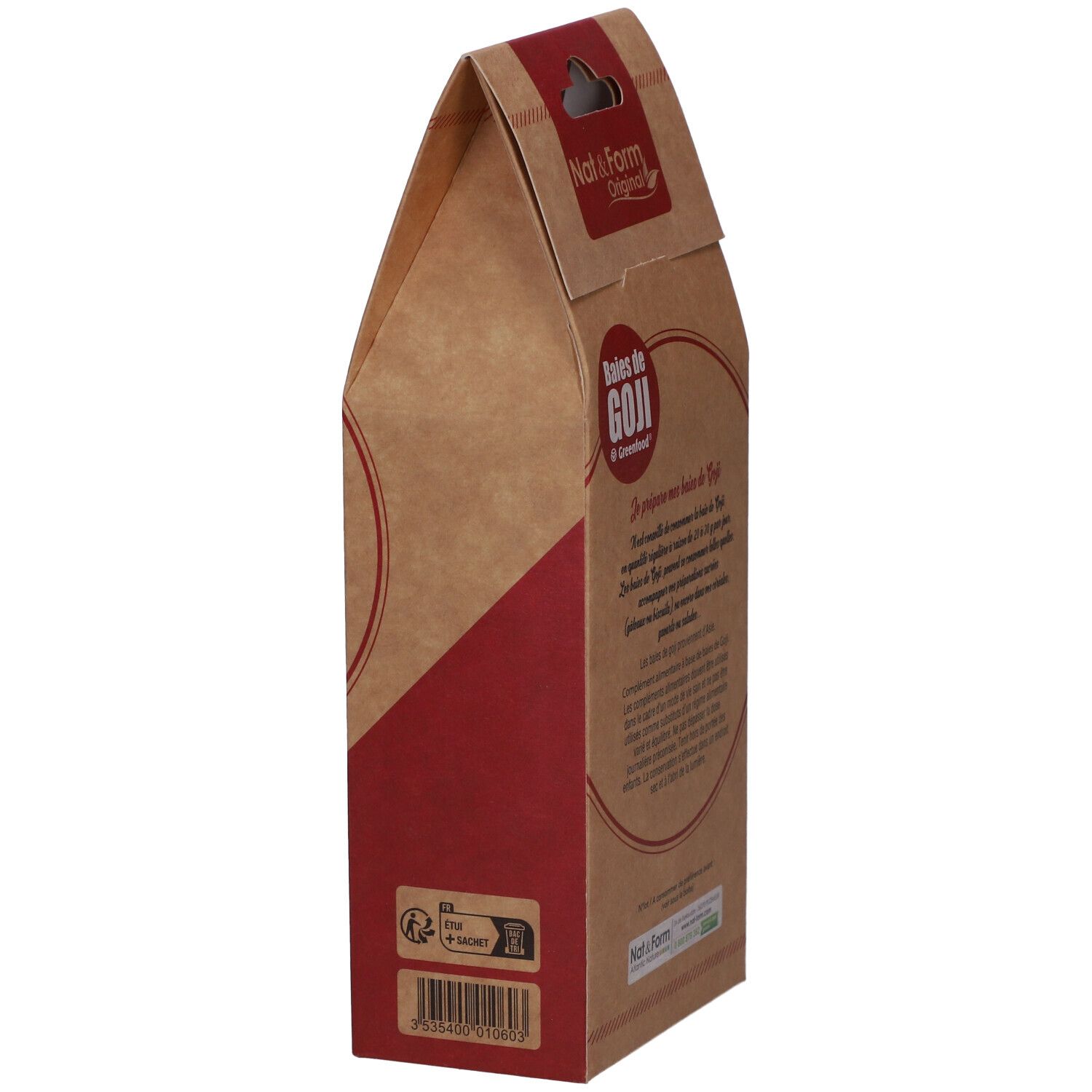 Vue latérale du sachet de Baies de Goji. Inscription : Baies de Goji. Texte sur l'utilisation.