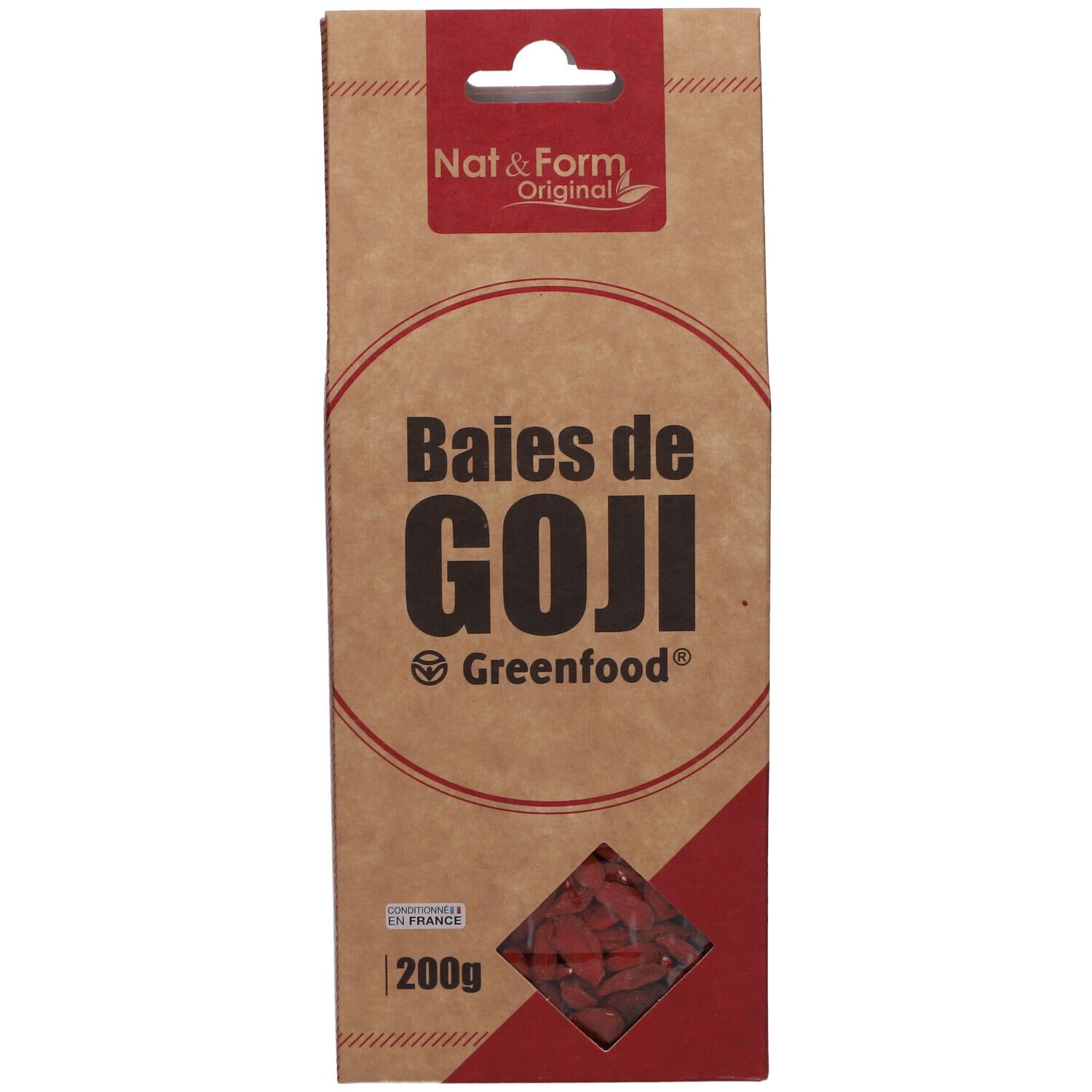 Sachet de Baies de Goji. Inscription : Nat & Form, Baies de Goji, Greenfood. Fenêtre avec baies rouges. 200g.