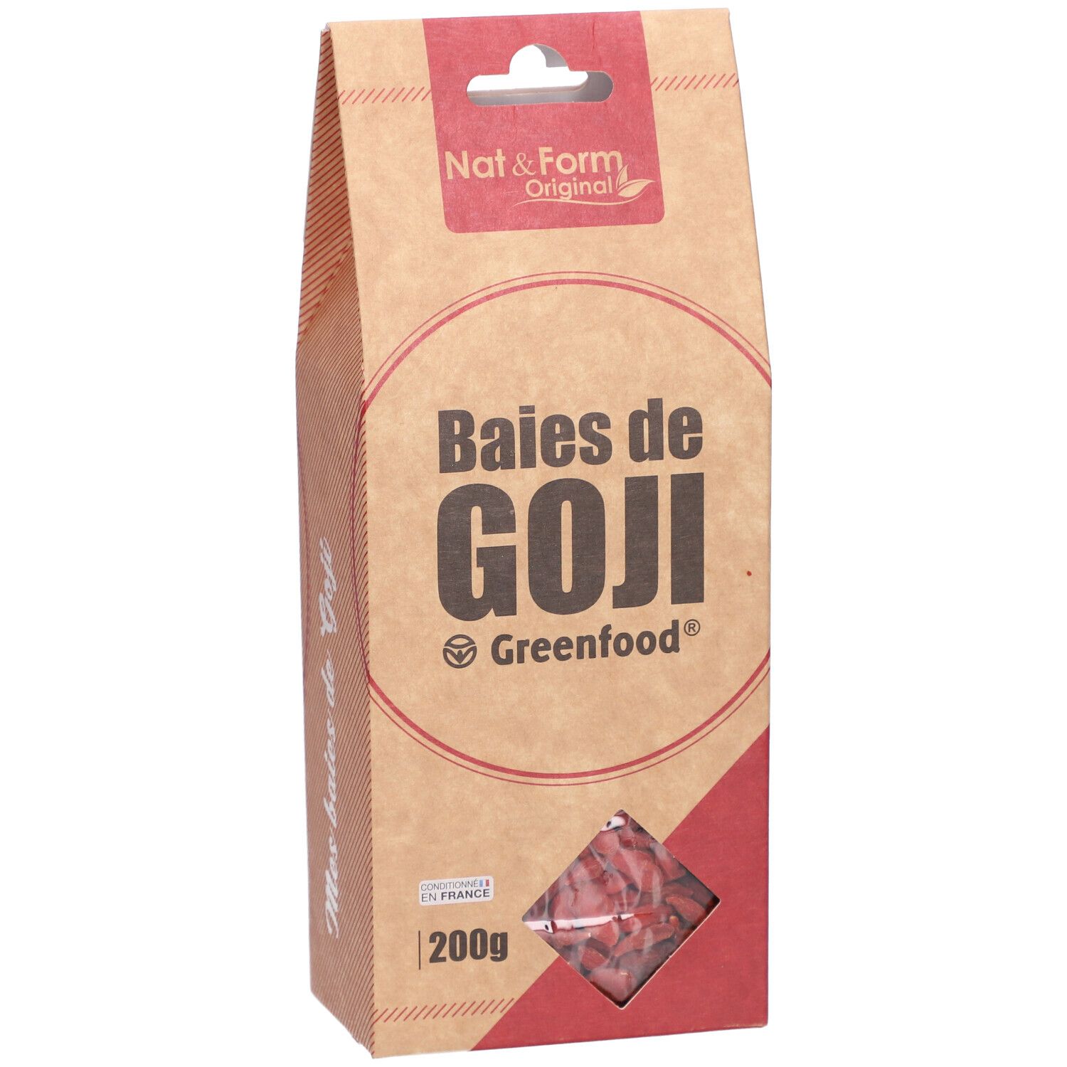 Sachet de Baies de Goji. Inscription : Nat & Form, Baies de Goji, Greenfood. Fenêtre avec baies rouges. 200g.