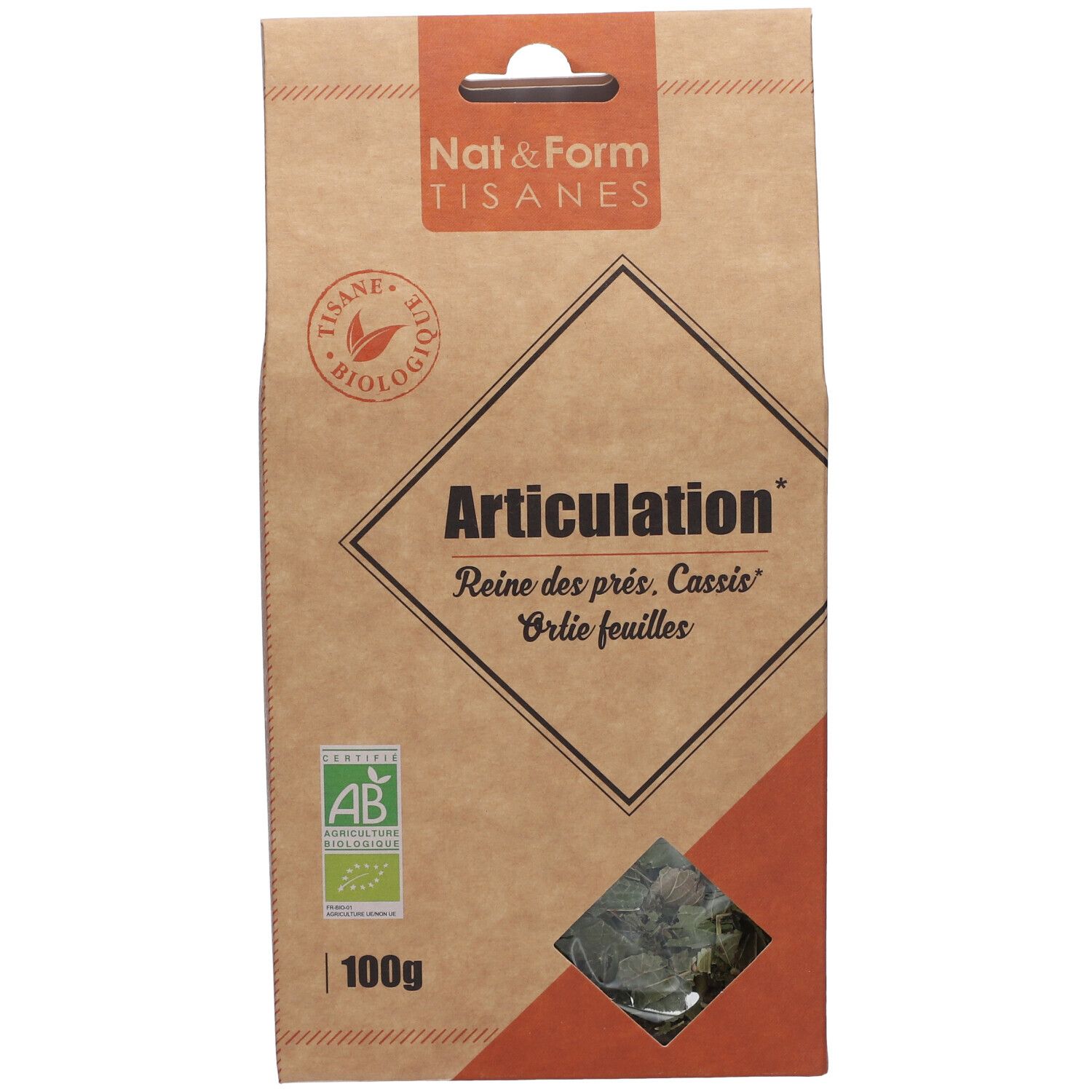 Bruine kartonnen verpakking. Tekst: Artikulation, AB bio logo, 100g. Product zichtbaar door een venster.