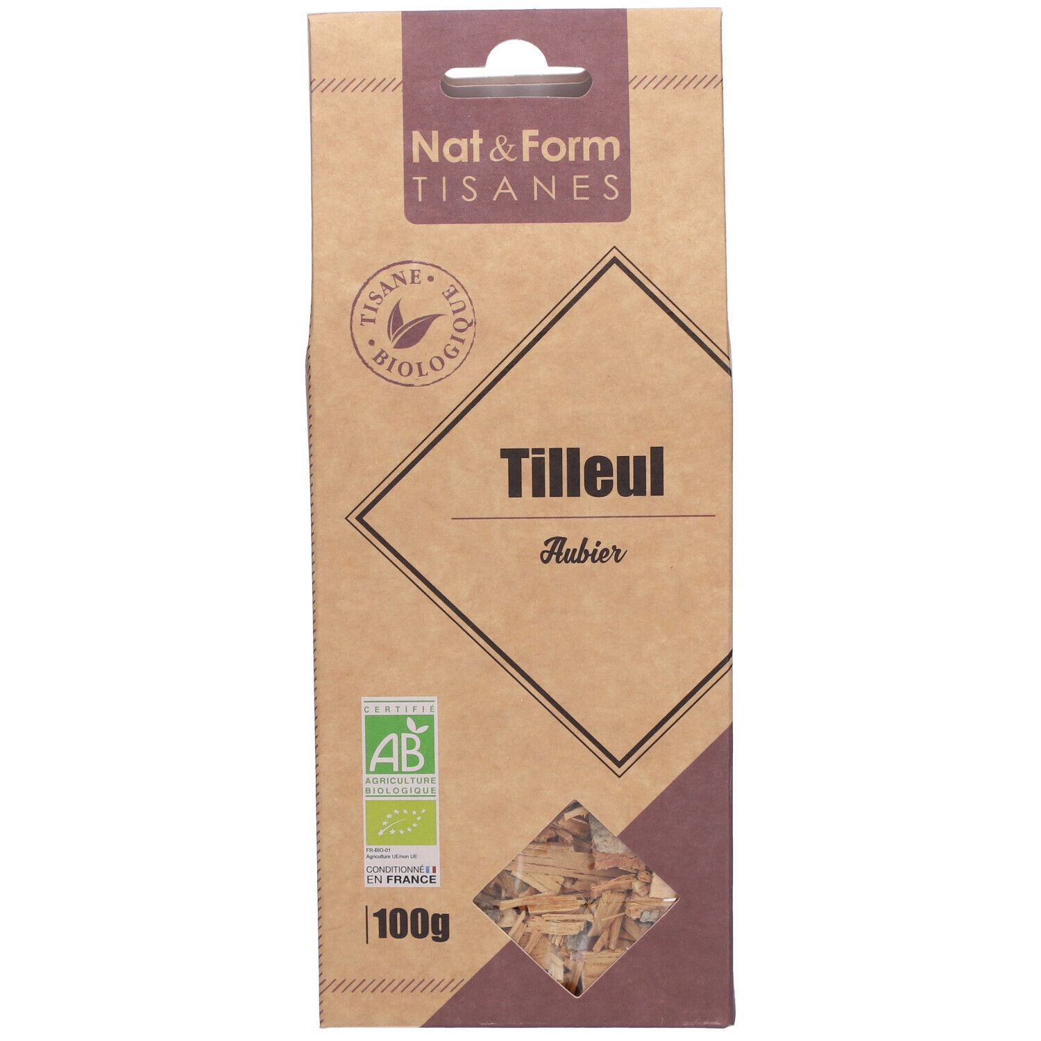 Boîte en carton marron de tisane. Inscription : "Tilleul Aubier", label bio, 100g.