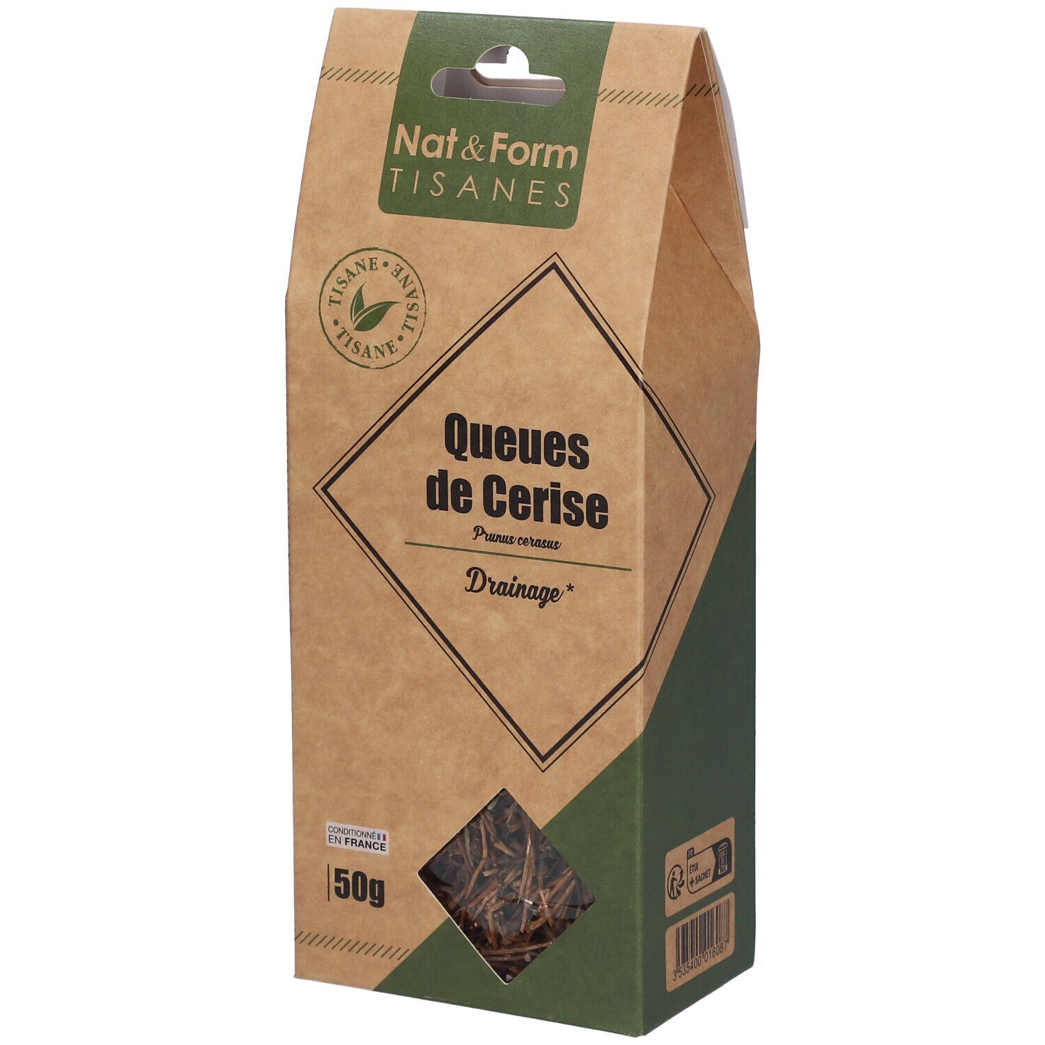 Verpakking van Nat&Form Tisane Cerise Queue. Bruine kartonnen doos met venster en productnaam.