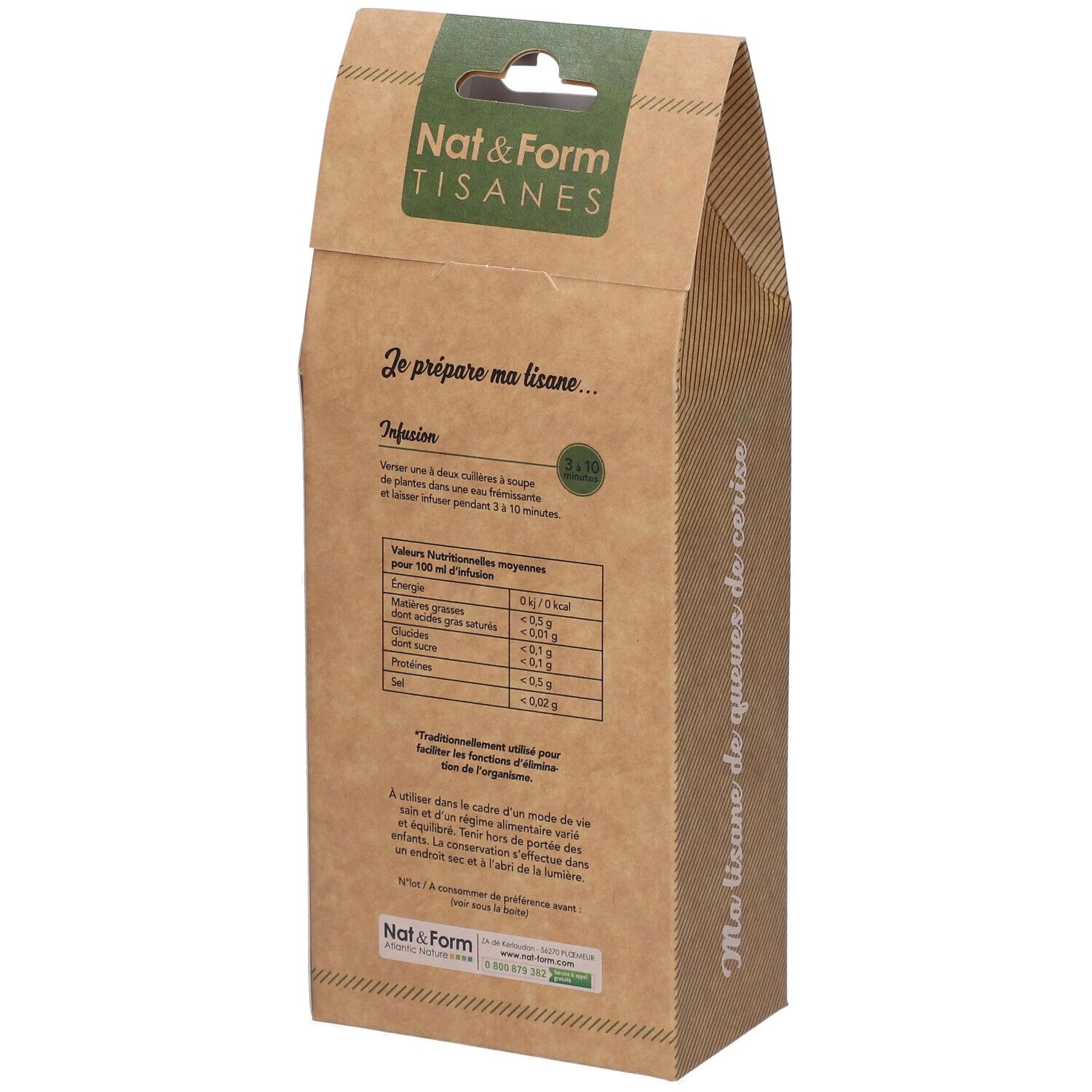 Achterkant van de verpakking van Nat&Form Tisane Cerise Queue. Voedingsinformatie en instructies.