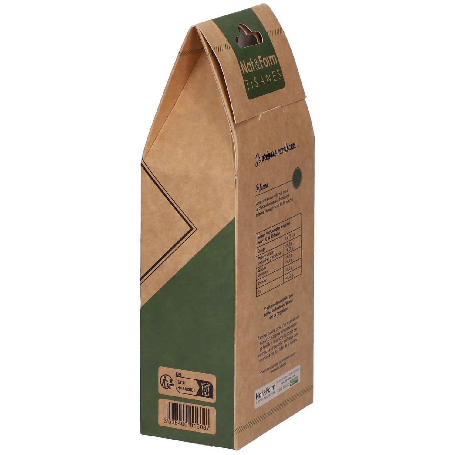 Zijaanzicht van de verpakking van Nat&Form Tisane Cerise Queue. Informatie en logo.