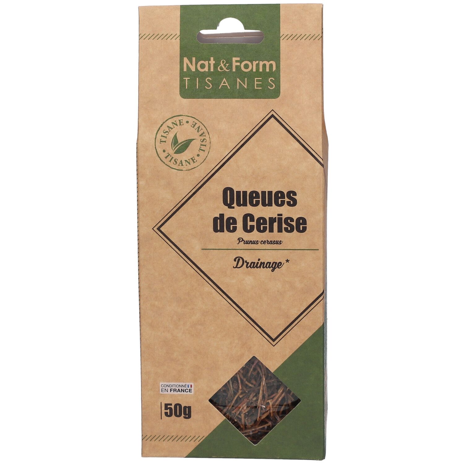 Verpakking van Nat&Form Tisane Cerise Queue. Productnaam, transparant venster en zichtbare inhoud.
