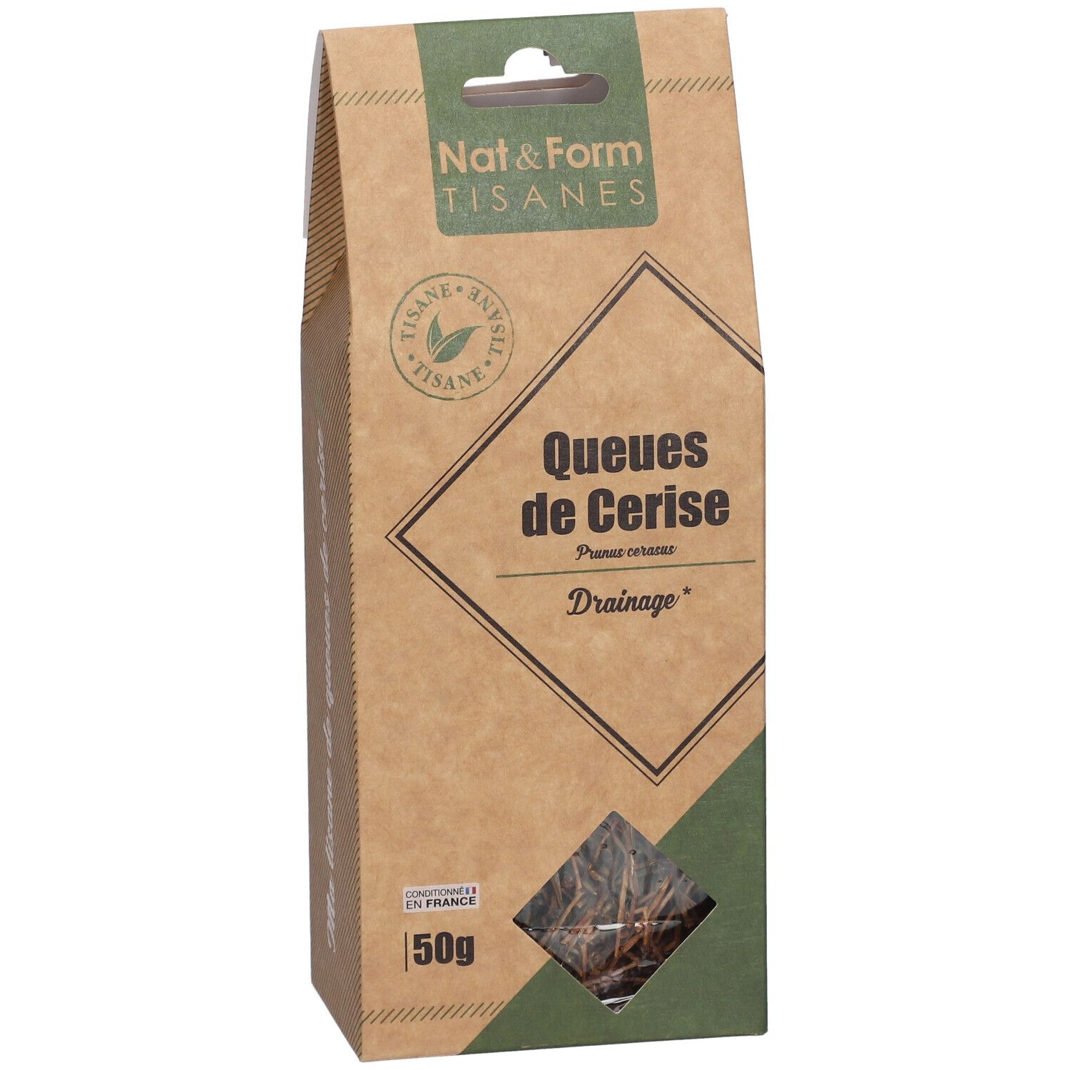 Verpakking van Nat&Form Tisane Cerise Queue. Productnaam, transparant venster en zichtbare inhoud.