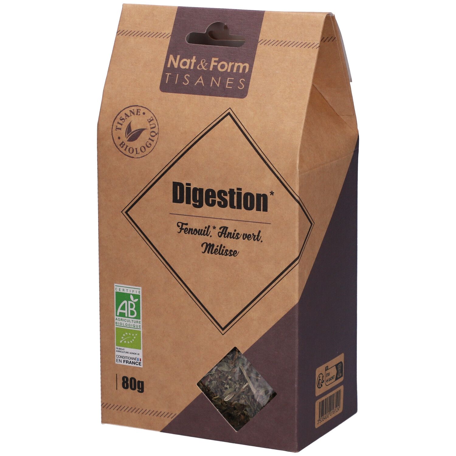 Boîte en carton marron avec fenêtre. Inscription : Digestion, Fenouil, Anis, Mélisse. Logos : Nat&Form Tisanes, AB bio, 80g.
