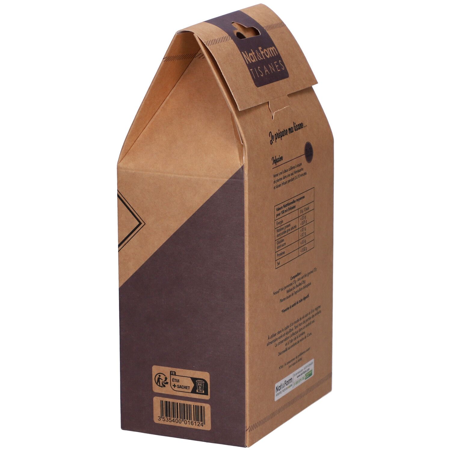 Vue latérale de la boîte en carton. Inscriptions : Nat&Form Tisanes, logo AB bio, logo de recyclage. Texte : Ma tisane digestion bio.
