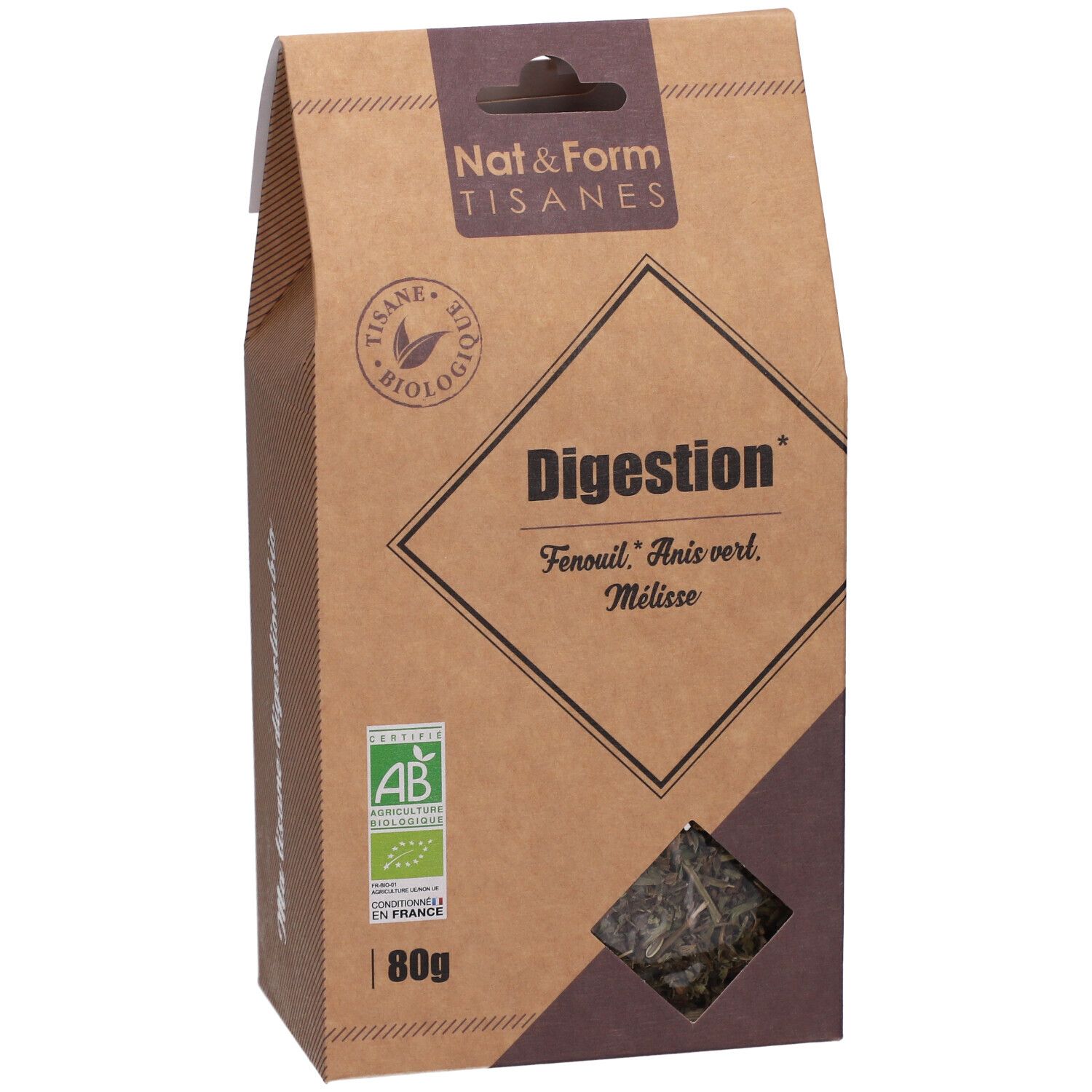 Boîte en carton marron avec fenêtre. Inscription : Digestion, Fenouil, Anis, Mélisse. Logos : Nat&Form Tisanes, AB bio, 80g.