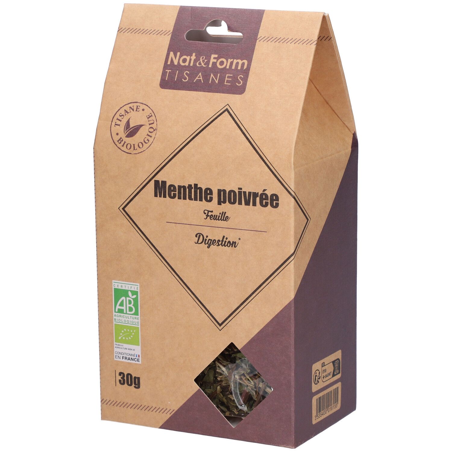 Kartonnen verpakking met venster. Opschrift: Nat&Form Tisanes, Menthe poivrée, Digestion. Bio-label. 30g.