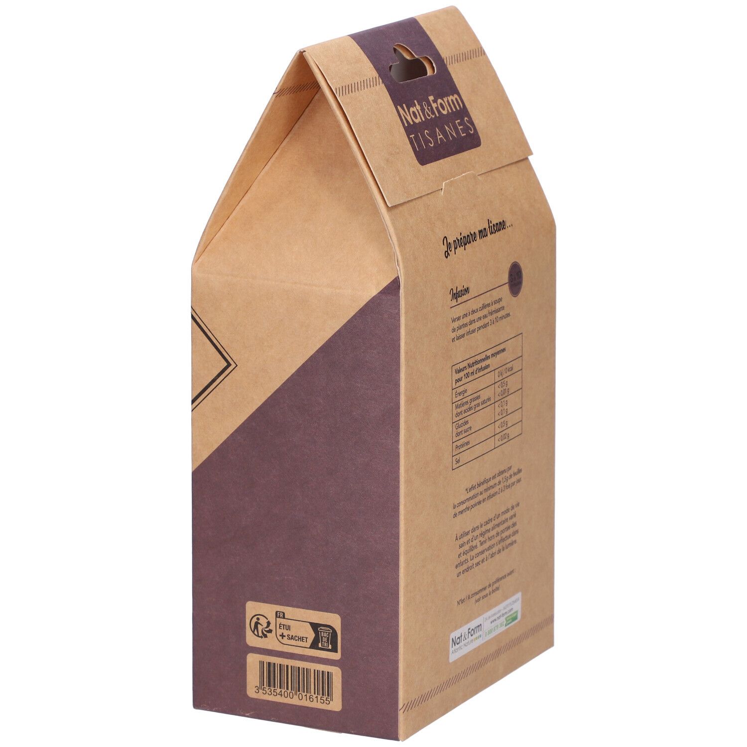 Kartonnen verpakking, zijaanzicht. Opschrift: Nat&Form Tisanes. Bereidingstekst. Barcode. Bio-label.