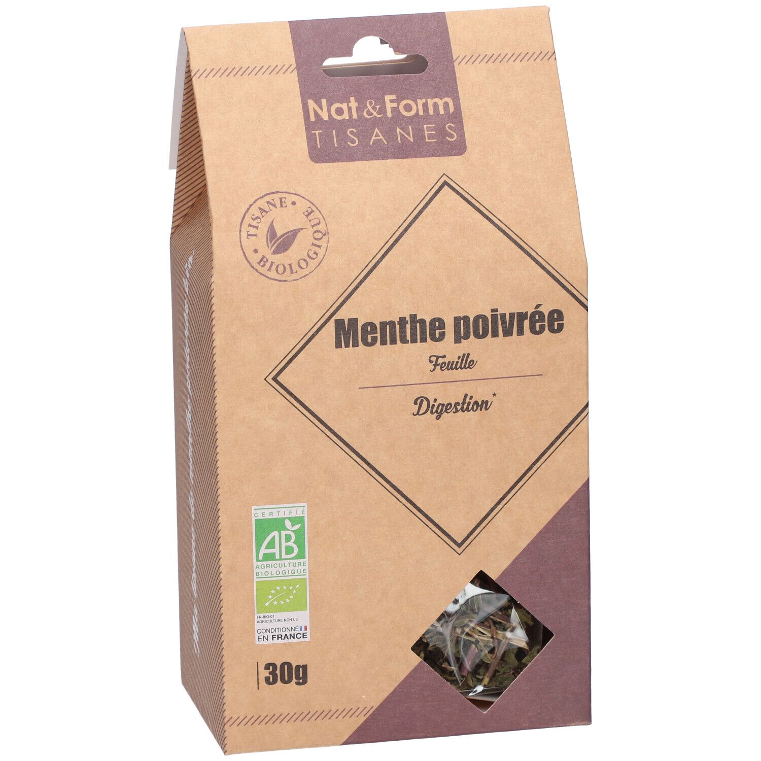 Kartonnen verpakking. Opschrift: Nat&Form Tisanes, Menthe poivrée, Digestion. Bio-label. 30g. Venster.