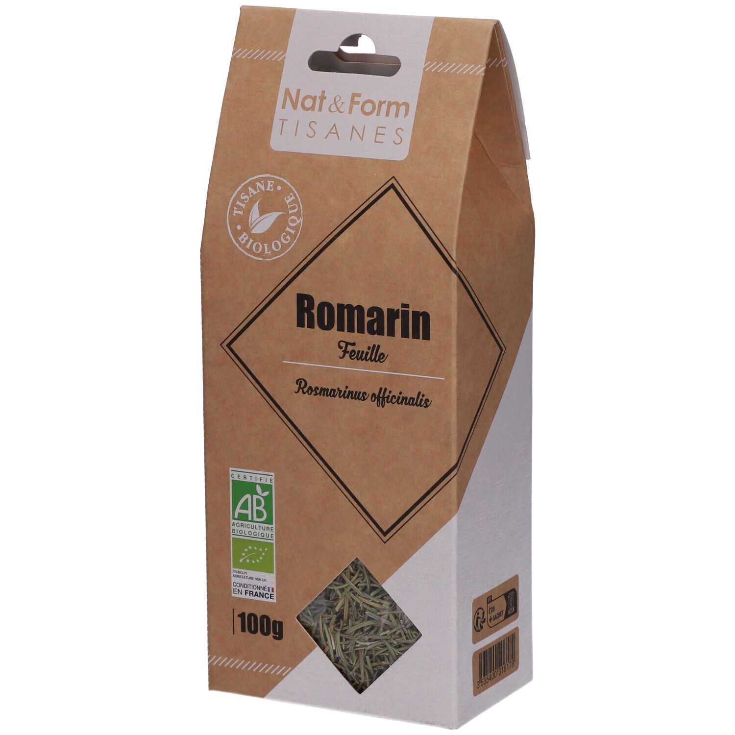 Bruine verpakking met venster. Opschrift: Romarin, feuille. AB bio label. 100g.