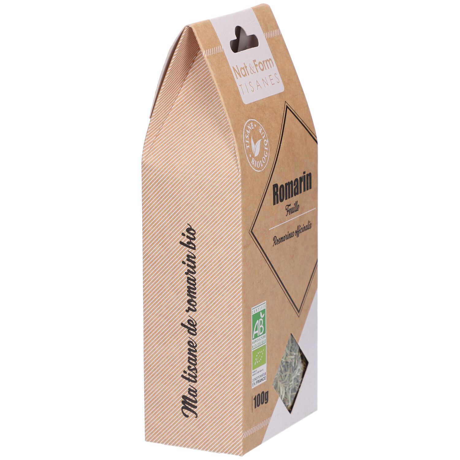 Bruine verpakking, schuin. Opschrift: Ma lisane de romarin bio. AB bio label. 100g.