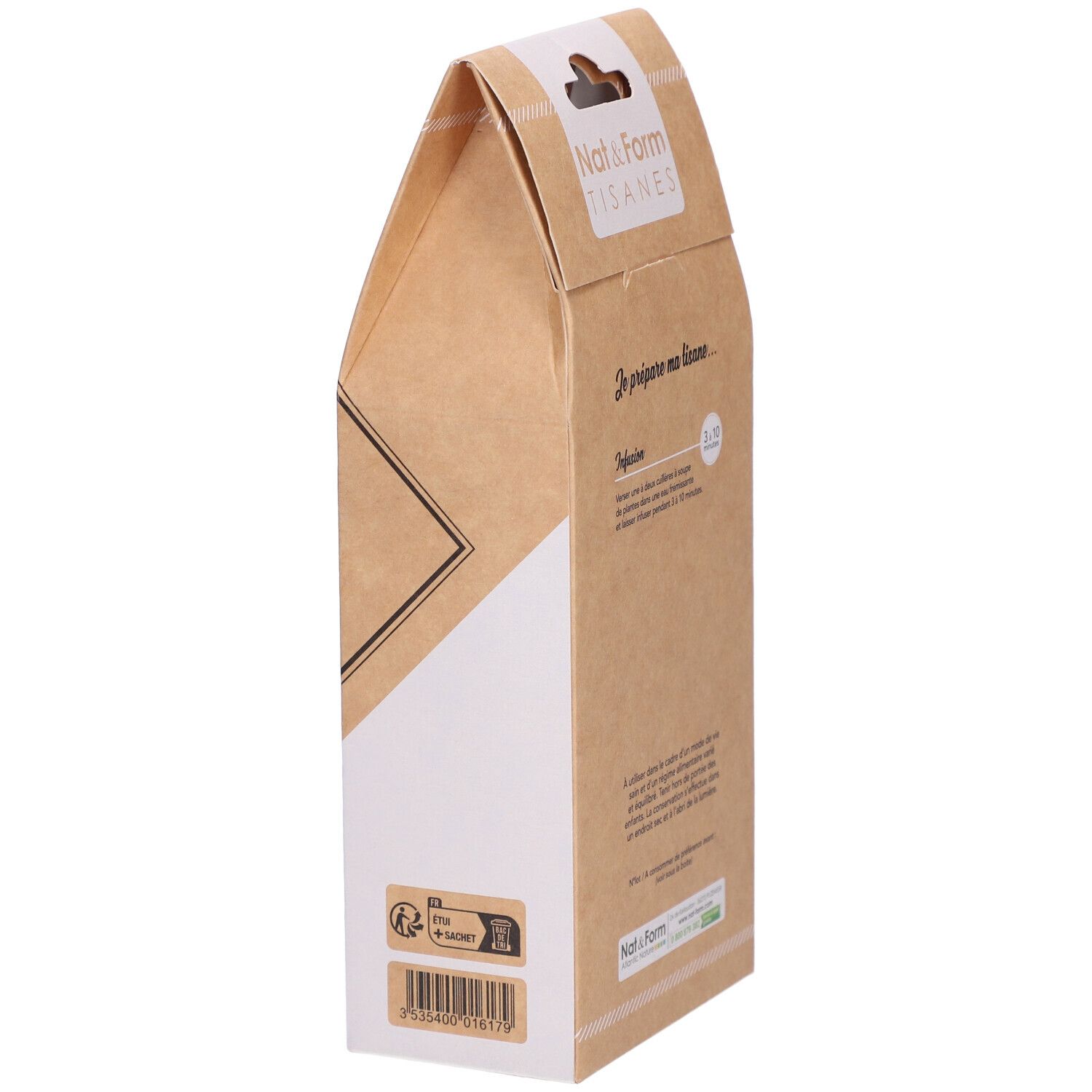 Zijkant van de bruine verpakking. Tekst en barcode. Nat&Form logo. Bio label.