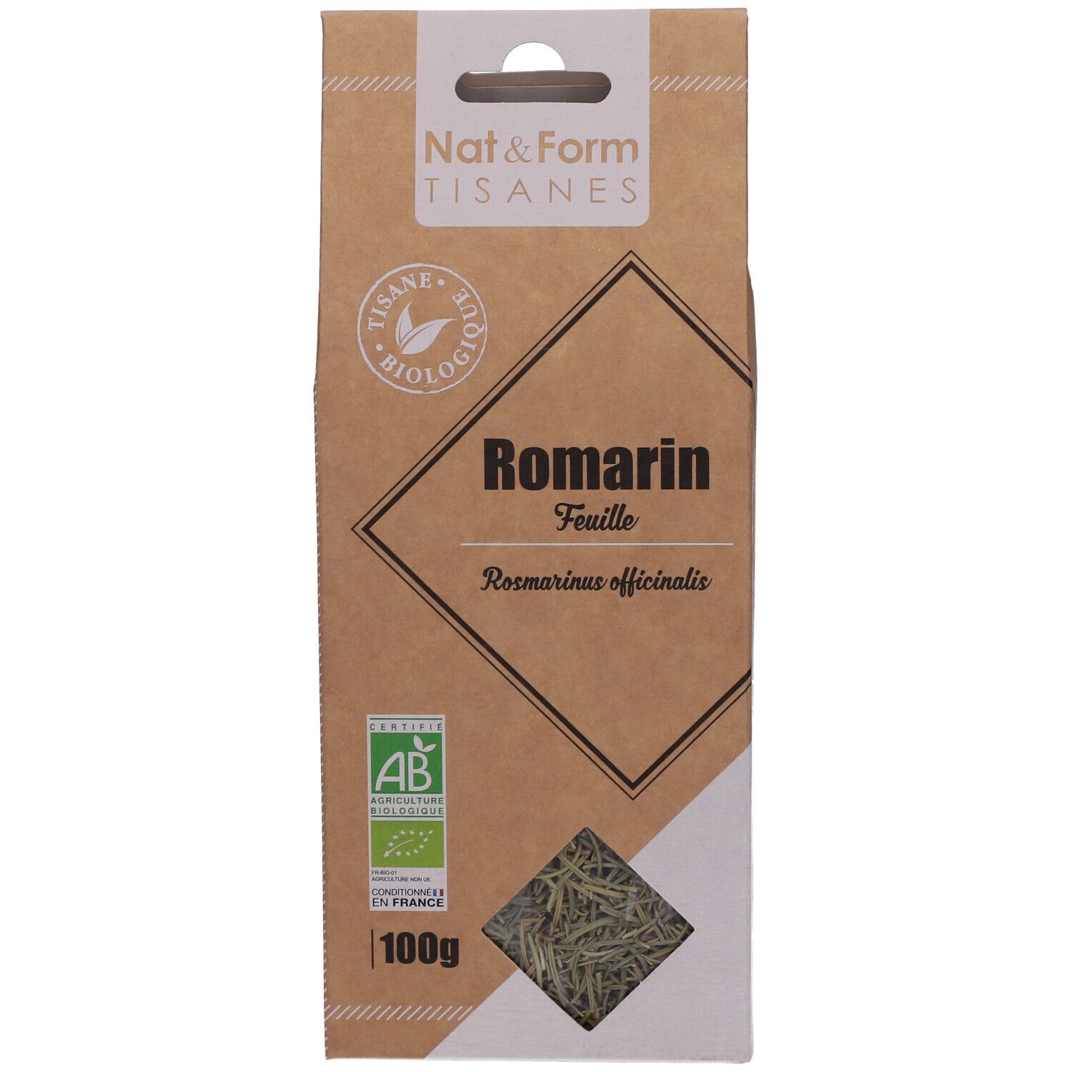Bruine verpakking met venster. Opschrift: Romarin, feuille. AB bio label. 100g.