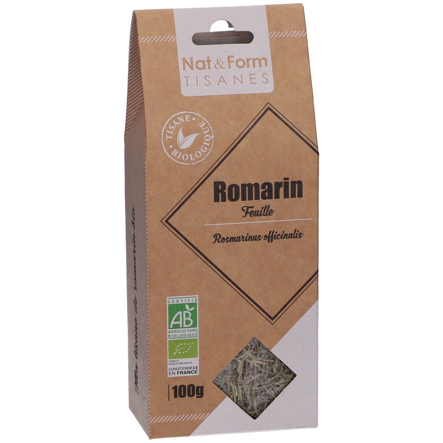 Bruine verpakking met venster. Opschrift: Romarin, feuille. AB bio label. 100g.