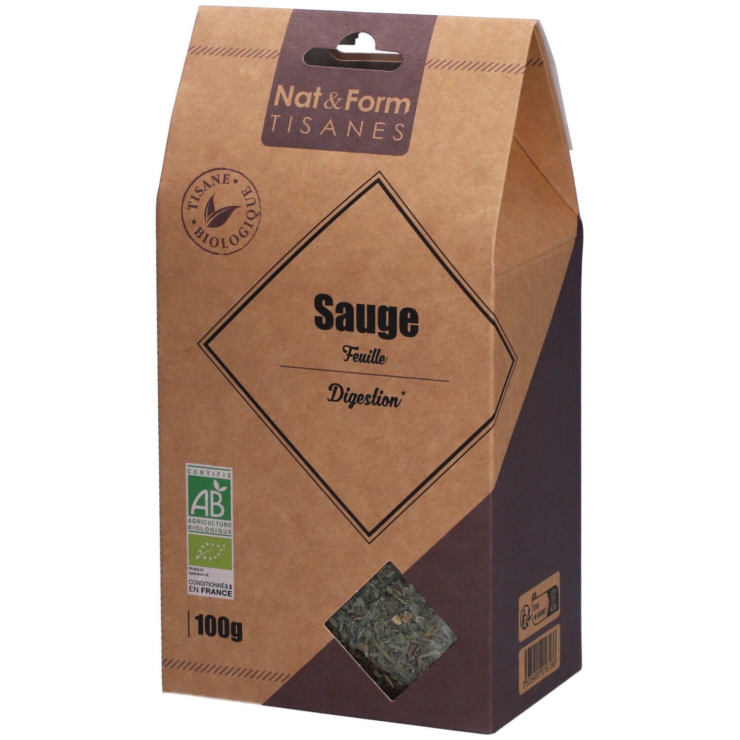 Kartonnen verpakking "Nat&Form Tisanes". Venster met kruiden. Label "AB". Tekst "Sauge". 100g.