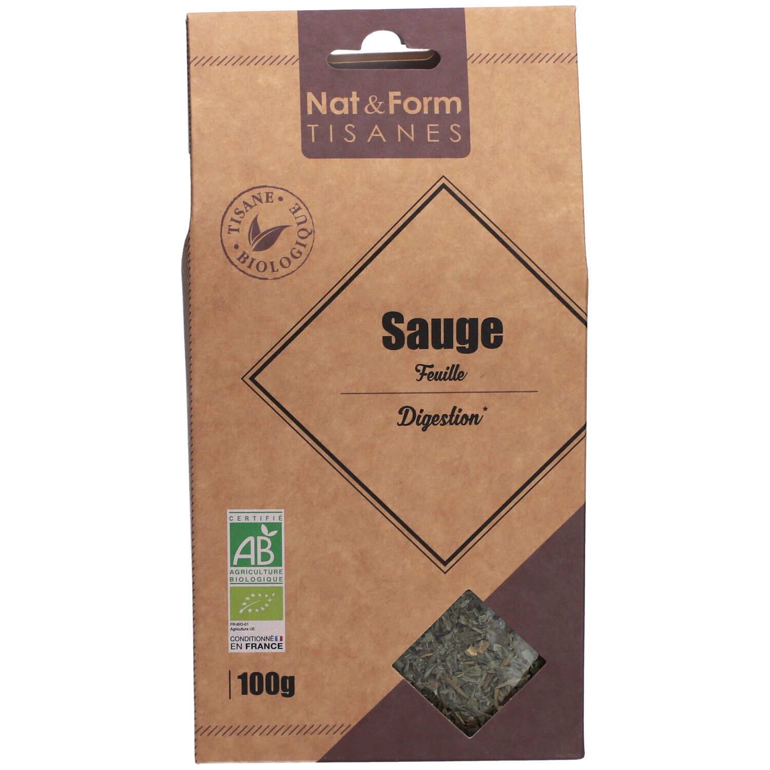 Kartonnen verpakking "Nat&Form Tisanes". Venster met kruiden. Label "AB". Tekst "Sauge". 100g.