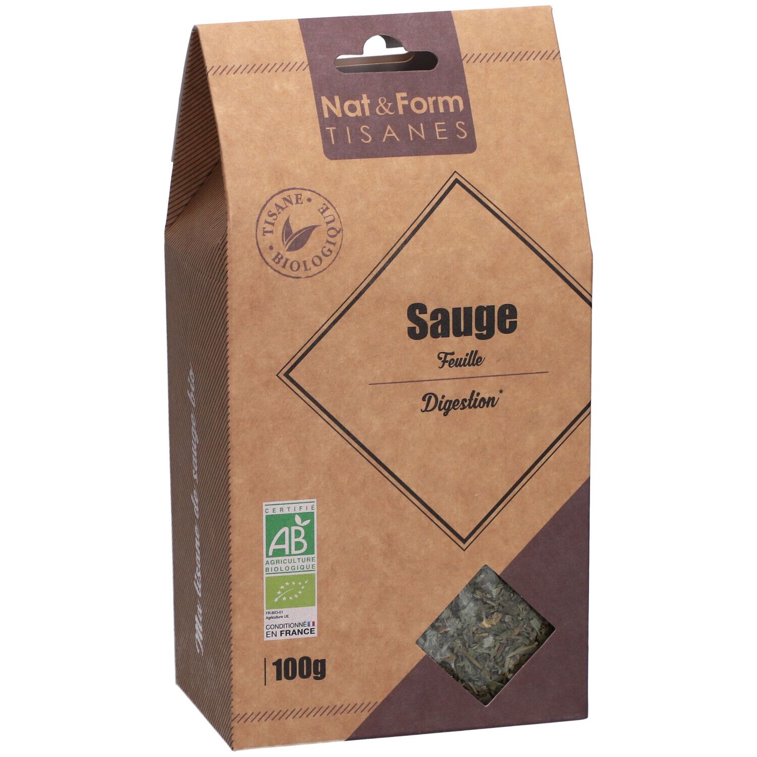 Kartonnen verpakking "Nat&Form Tisanes". Venster met kruiden. Label "AB". Tekst "Sauge". 100g.