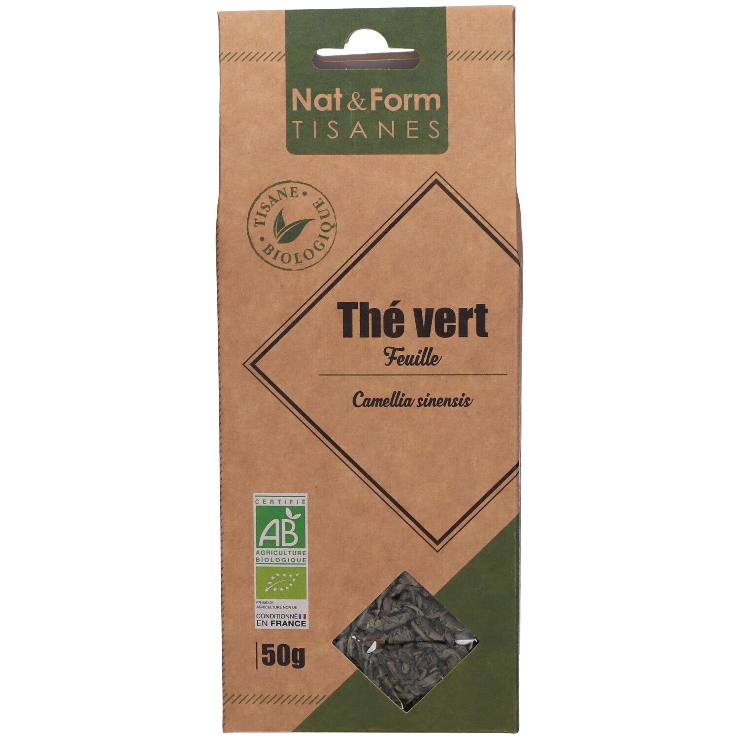 Bruine verpakking met groene thee. Tekst: Nat&Form Tisanes, Thé vert, Feuille, Camellia sinensis, AB bio label. 50g.