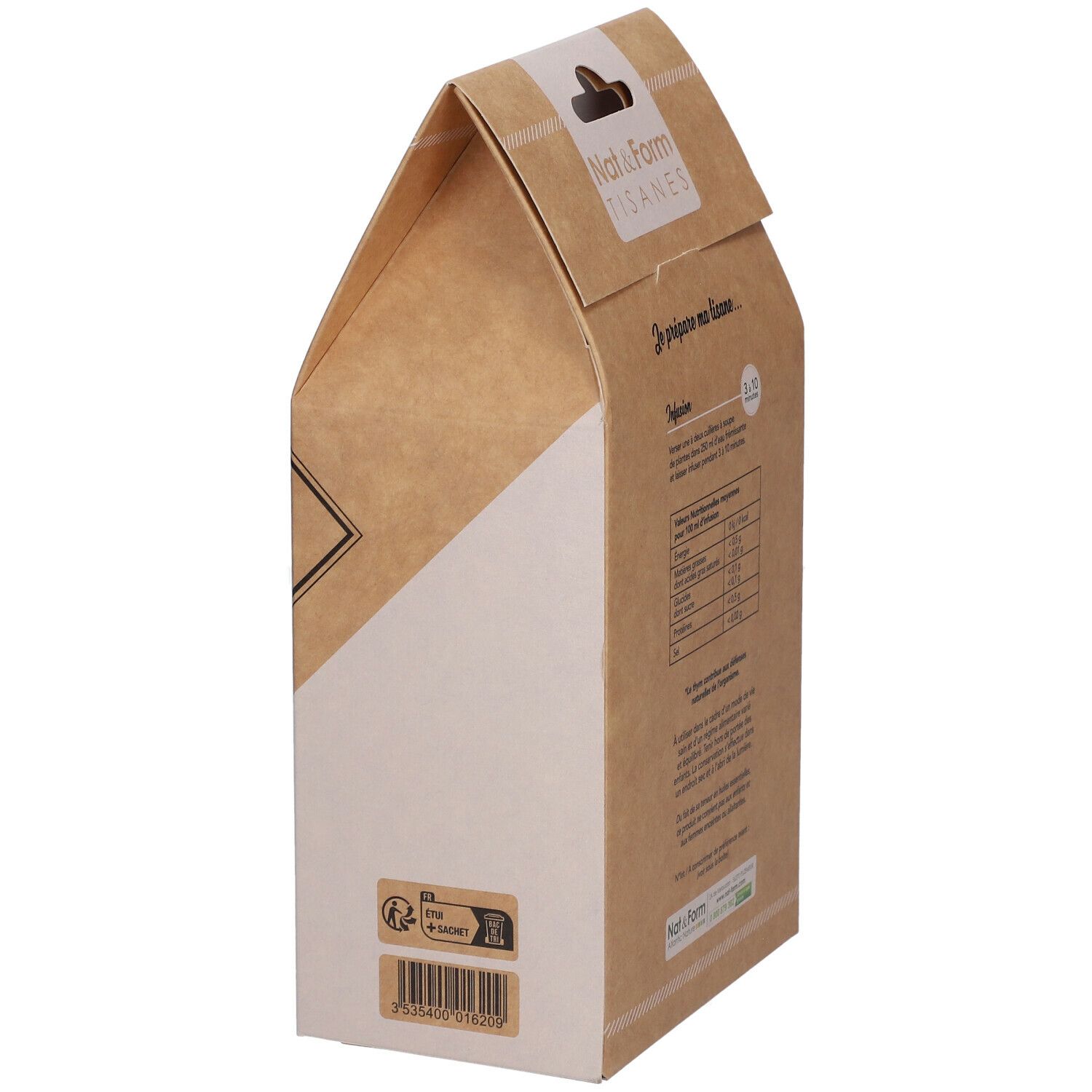 Zijkant van de tijmtheeverpakking. Tekst en logo's. Recyclingsymbool en barcode.