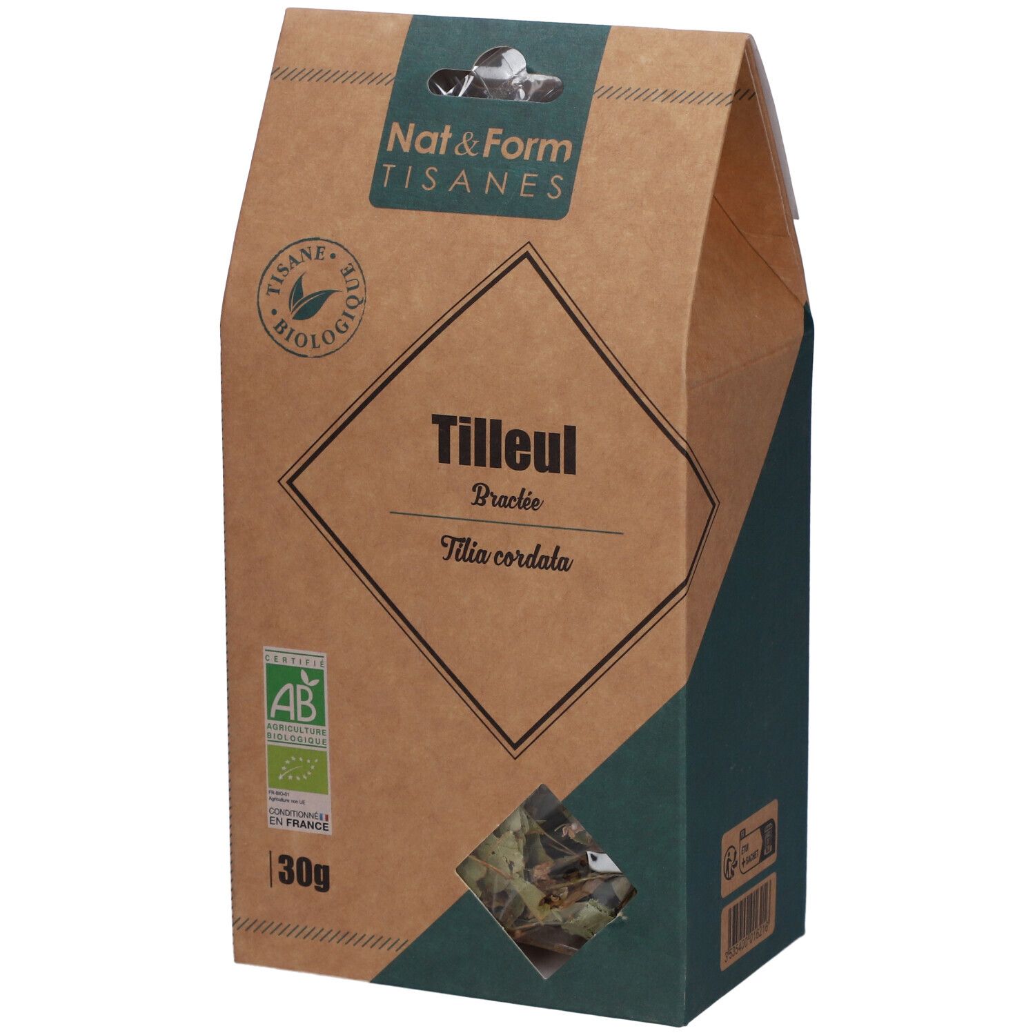Boîte marron avec fenêtre. Inscription : Tilleul, Tilia cordata, label AB, 30g.