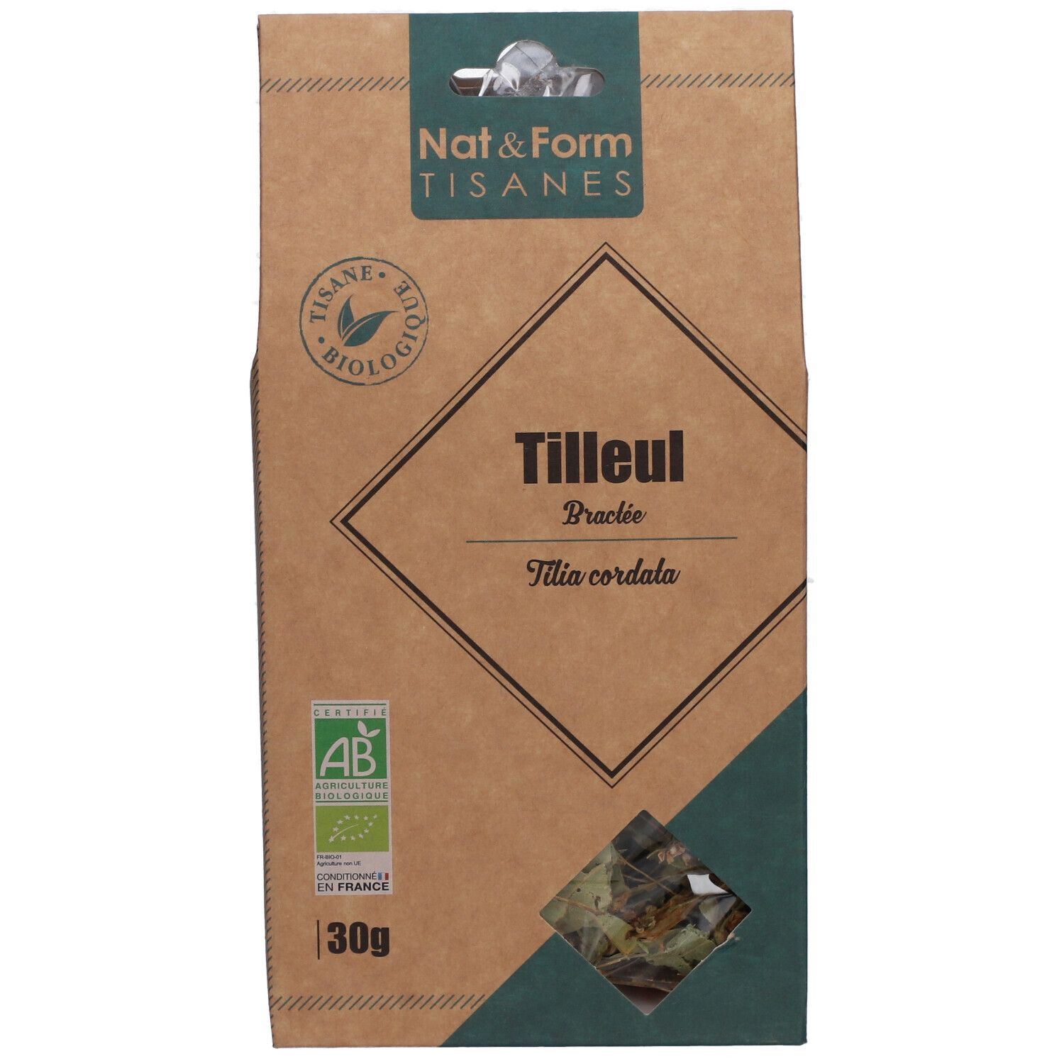 Boîte marron avec fenêtre. Inscription : Tilleul, Tilia cordata, label AB, 30g.