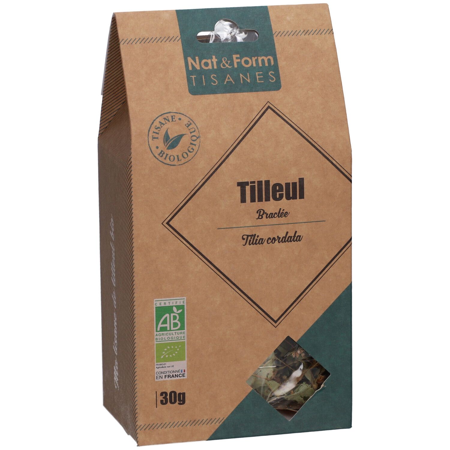 Boîte marron avec fenêtre. Inscription : Tilleul, Tilia cordata, label AB, 30g.