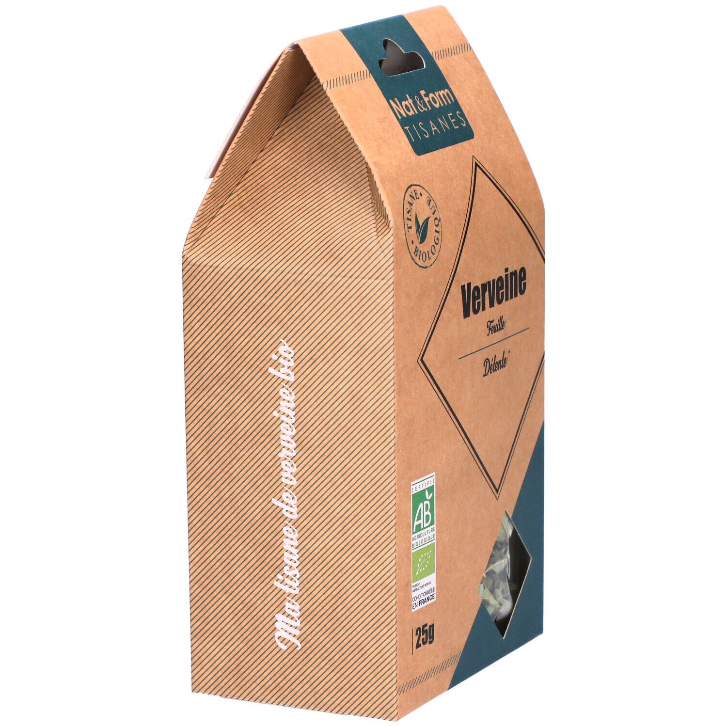 Zijaanzicht van de verpakking Nat&Form Tisane Verveine bio. Bruine doos met venster en tekst.