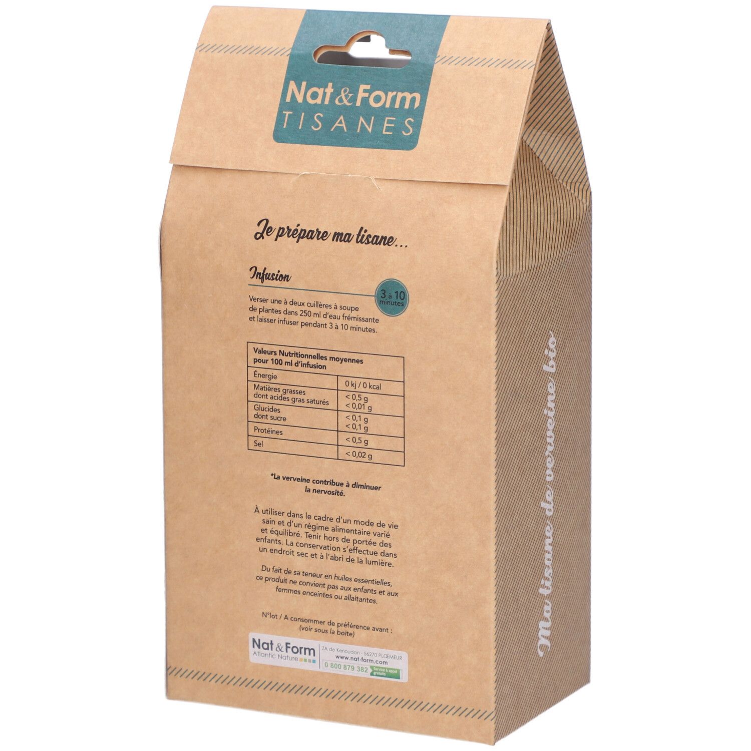 Achterkant van de verpakking Nat&Form Tisane Verveine bio. Tekst, voedingswaarde, instructies.