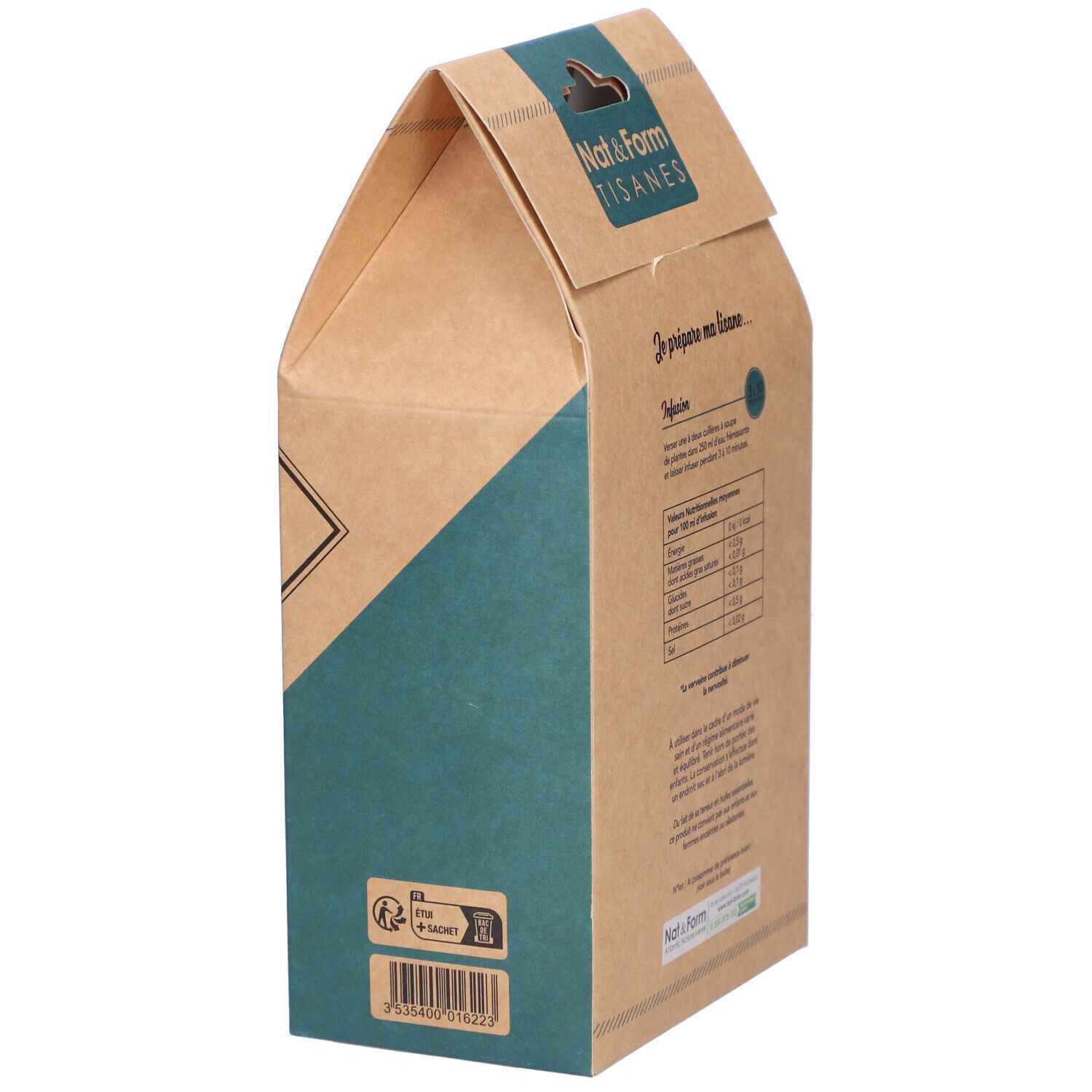 Zijaanzicht van de verpakking Nat&Form Tisane Verveine bio. Tekst, logo, recycling symbool.